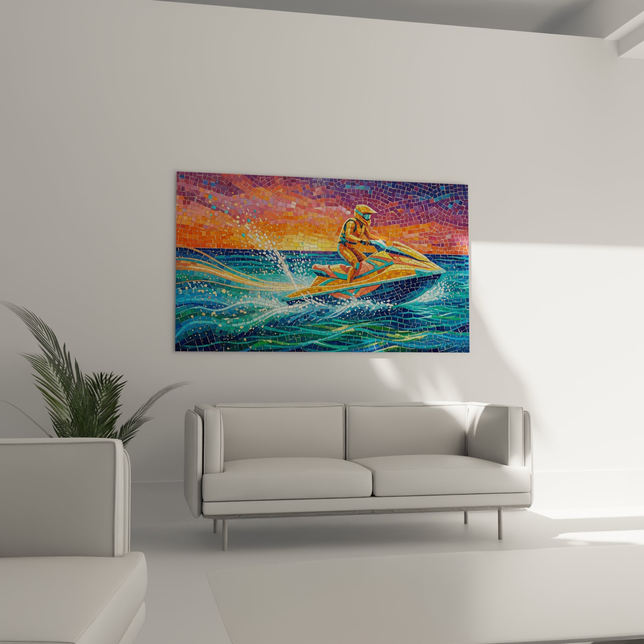 Détail rapproché de la mosaïque jetski montrant les tesselles colorées formant les vagues et reflets dorés