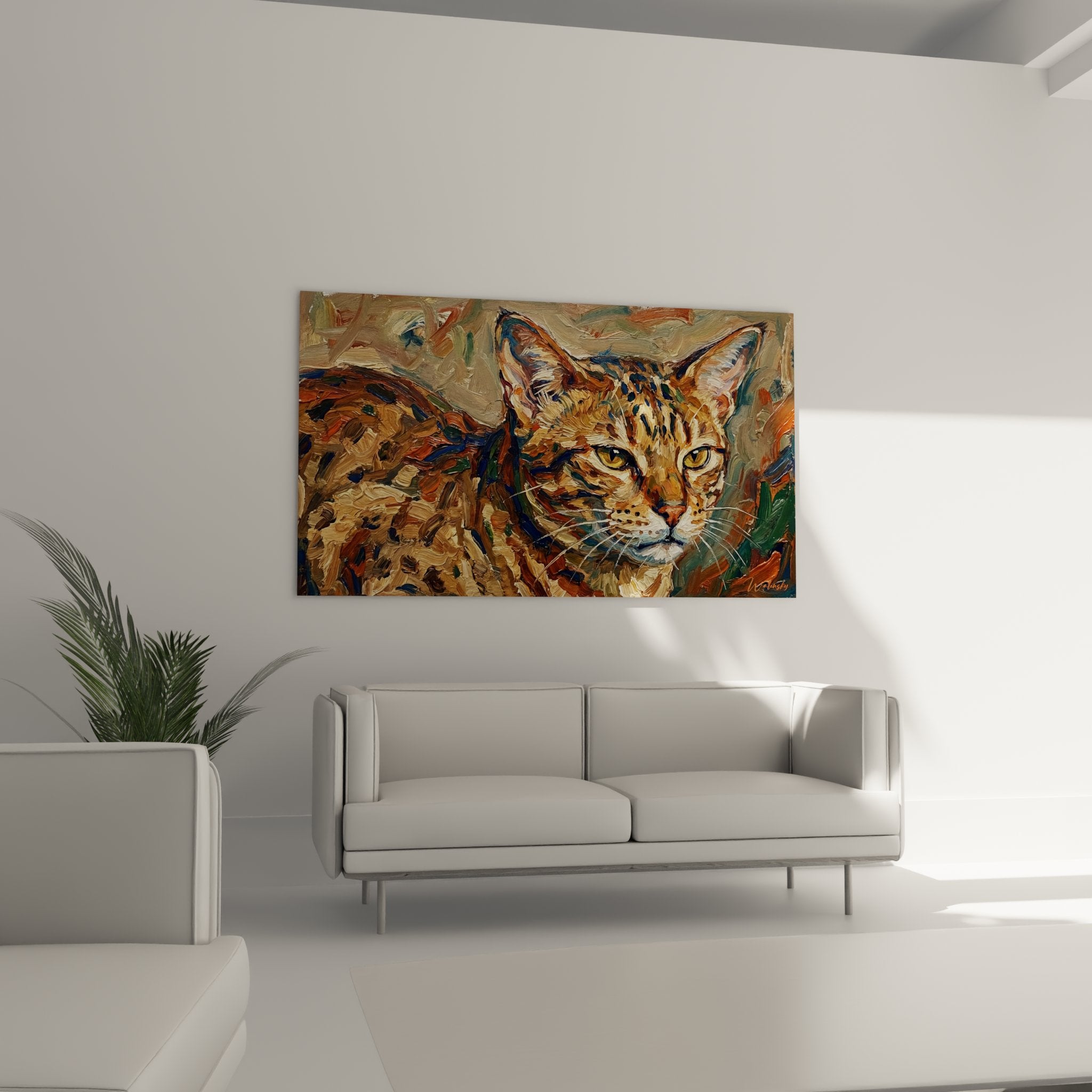 Detail du regard perçant et des taches caracteristiques du chat Ocicat dans style impressionniste