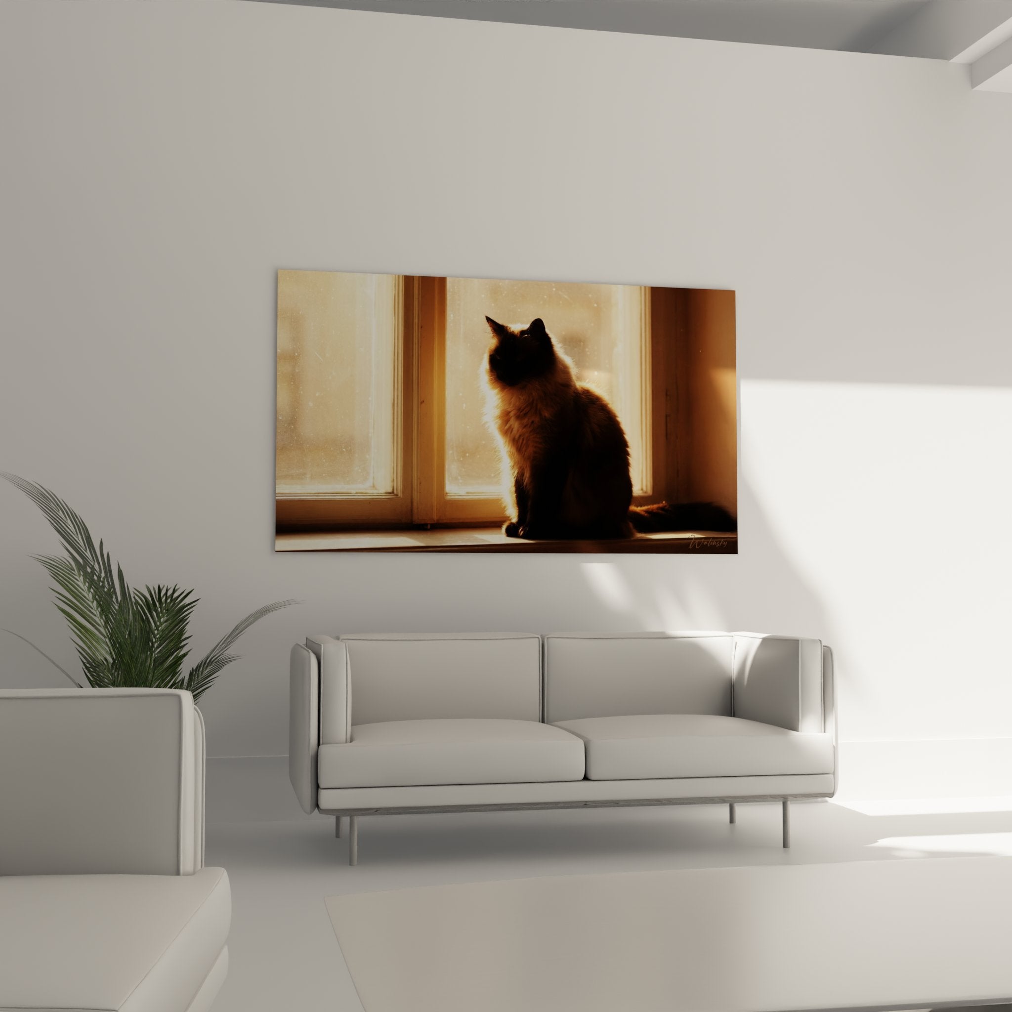 Détail rapproché du tableau montrant la silhouette élégante du chat Balinais baigné de lumière dorée