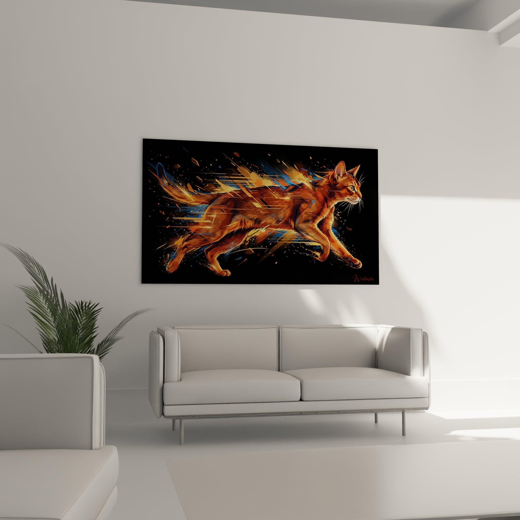 Détail rapproché tableau chat Abyssin montrant la finesse des traits et effets de mouvement artistiques