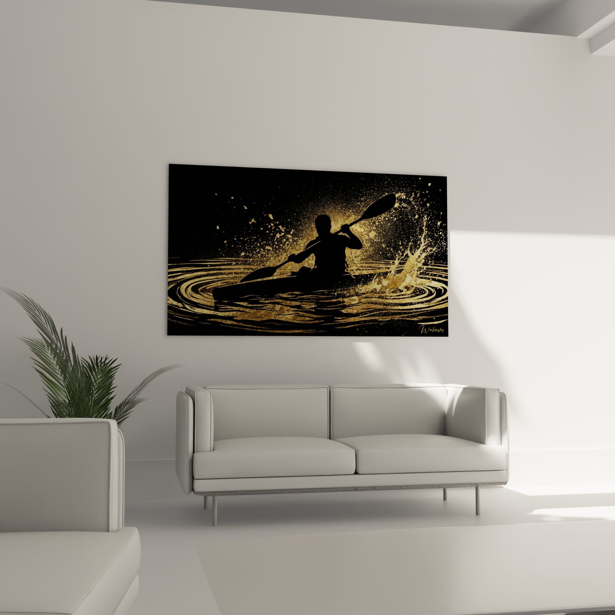 Contemporary kayak art painting detail, golden texture splashes, black silhouette paddler in motion