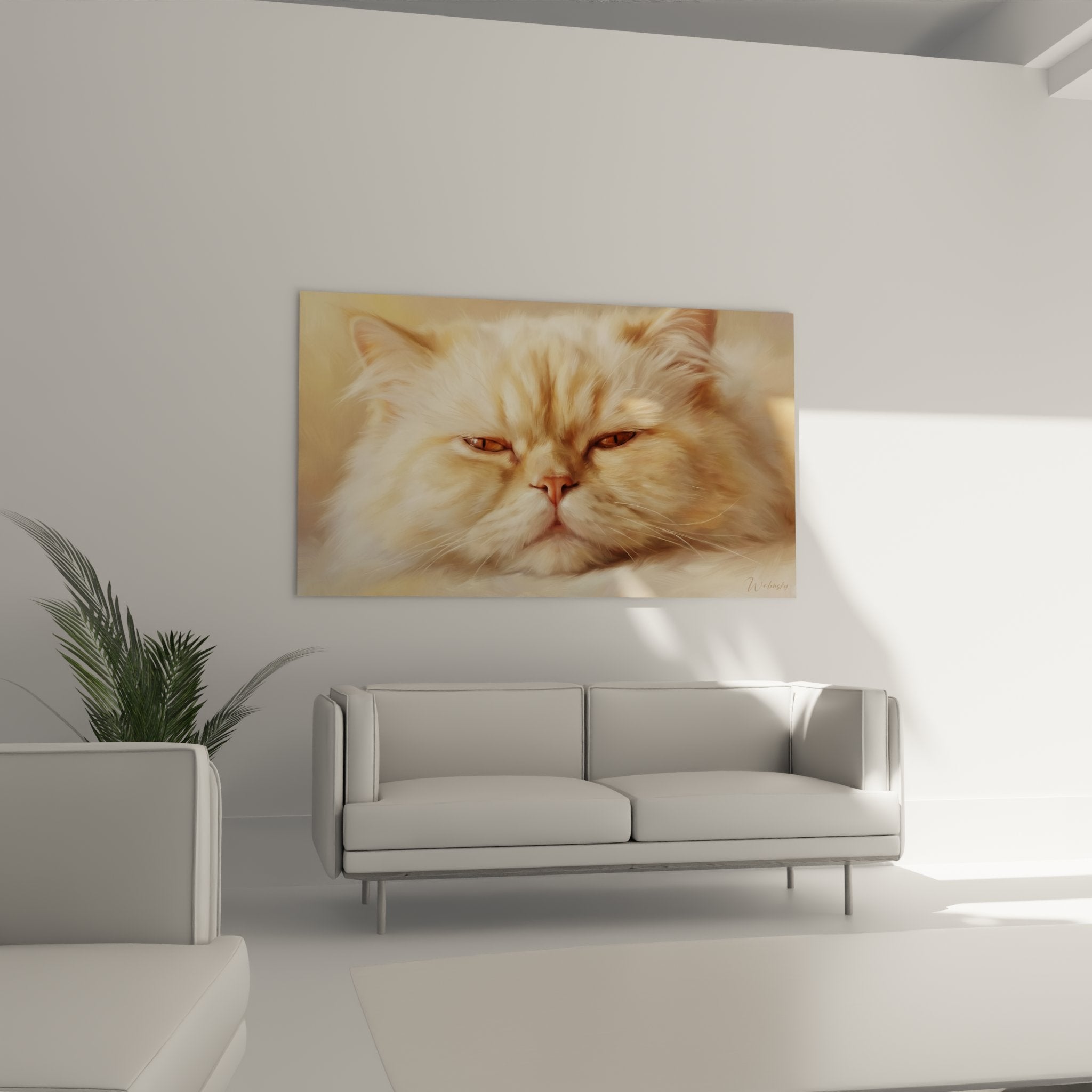 Détail rapproché tableau chat Persan, texture pelage réaliste, yeux mi-clos, nuances dorées