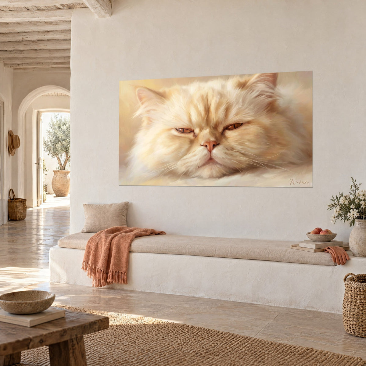 Cuadro de un gato angora de pelaje dorado y beige y hocico rosa adormilado, sobre una pared blanca junto a un banco ocre