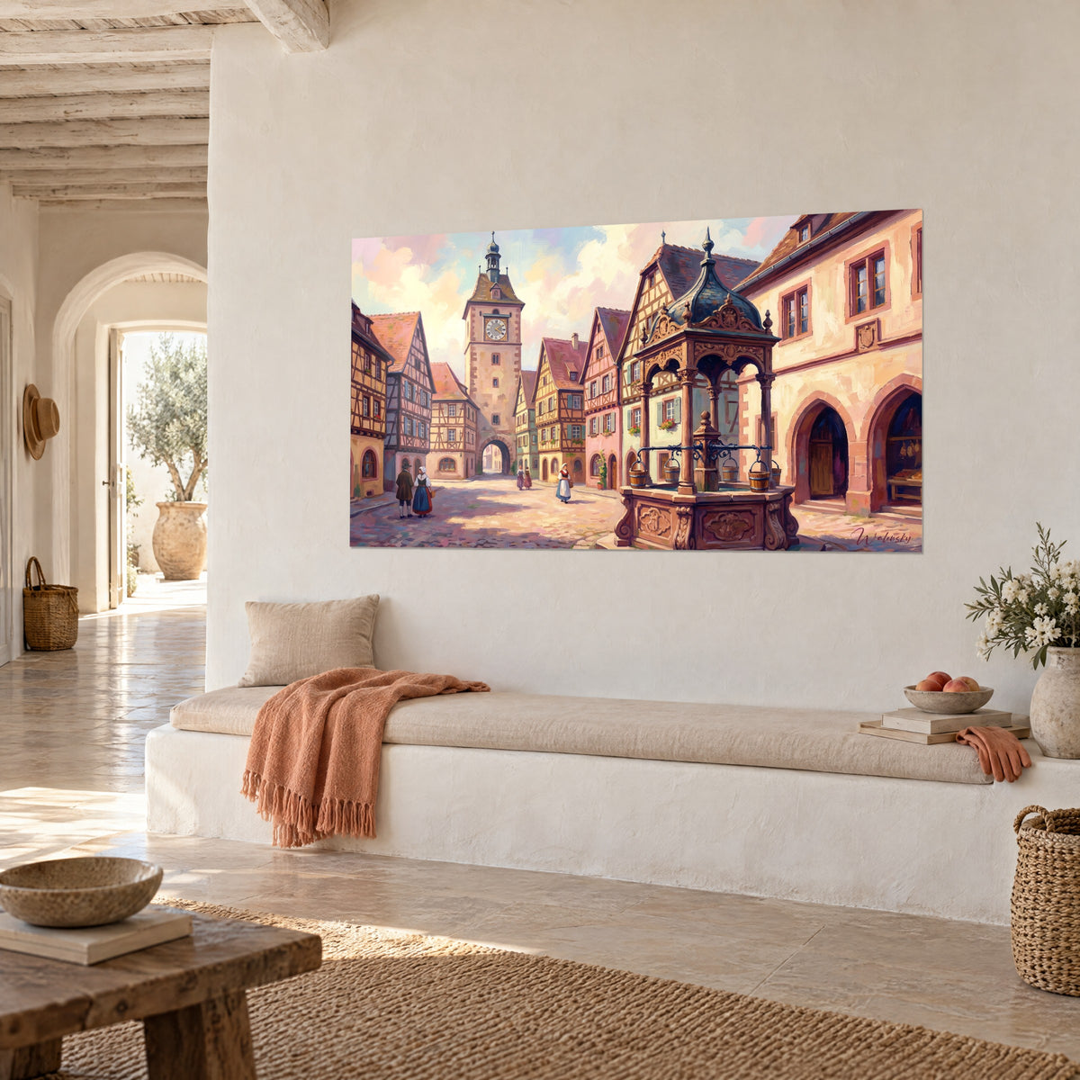 Gemälde mittelalterlicher Marktplatz in Öl gemalt, beiger Uhrturm und rote Ziegeldächer, an einer weißen Wand in Dreiviertelansicht