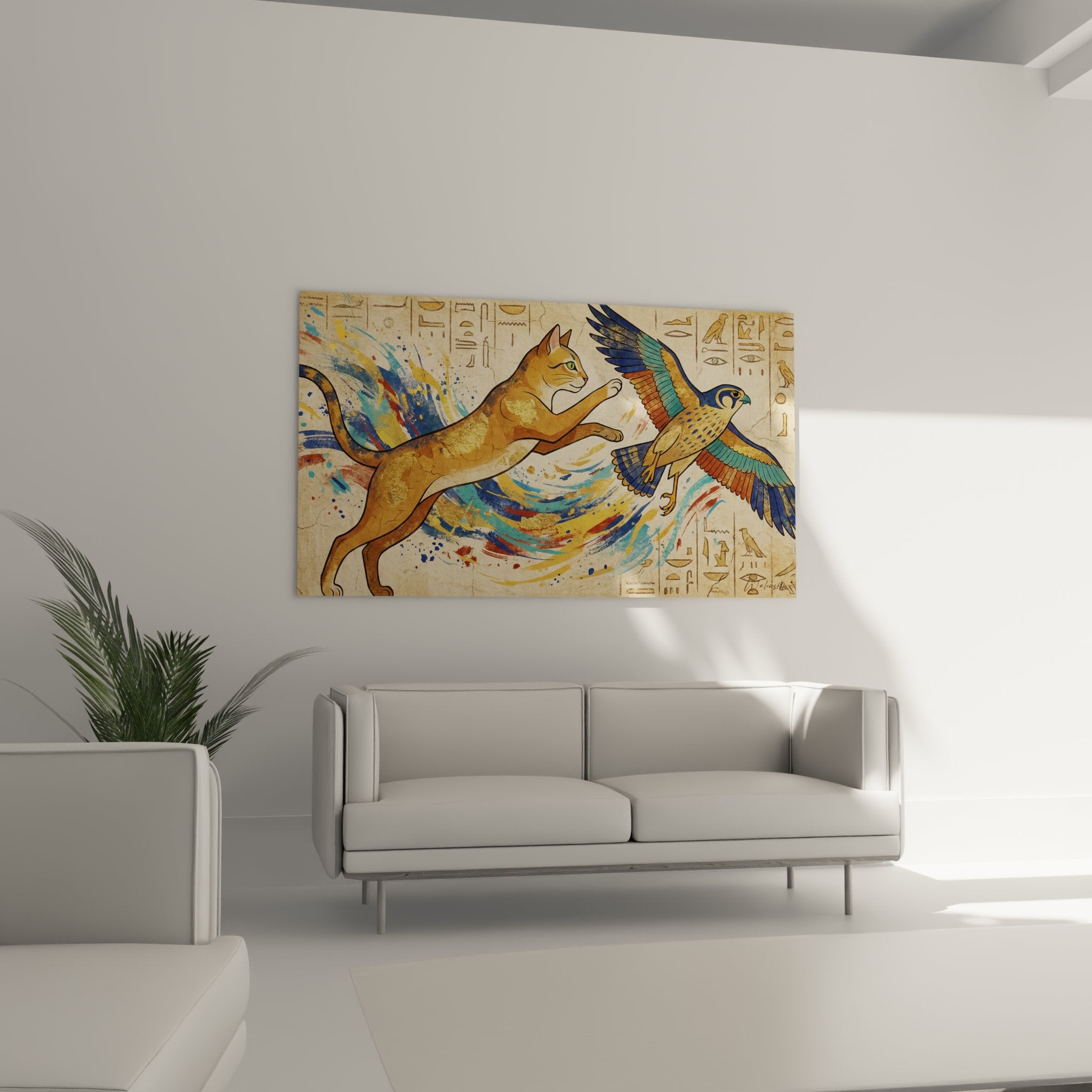 Dettaglio pittura gatto Egyptian Mau macchie dorate e falco Horus ali colorate arte egizia contemporanea