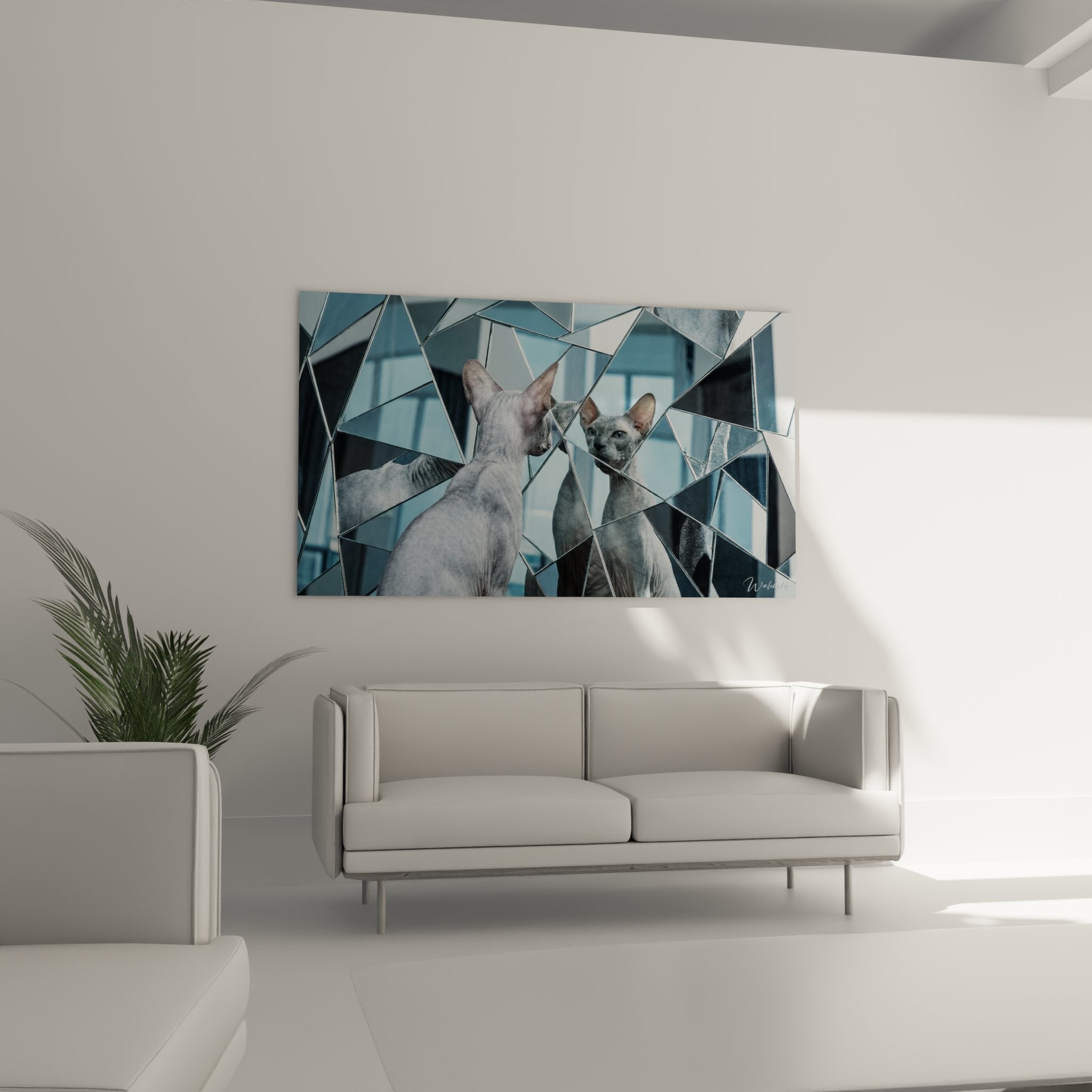 Dettaglio artistico gatto Peterbald riflessi multipli specchio rotto effetto caleidoscopio moderno