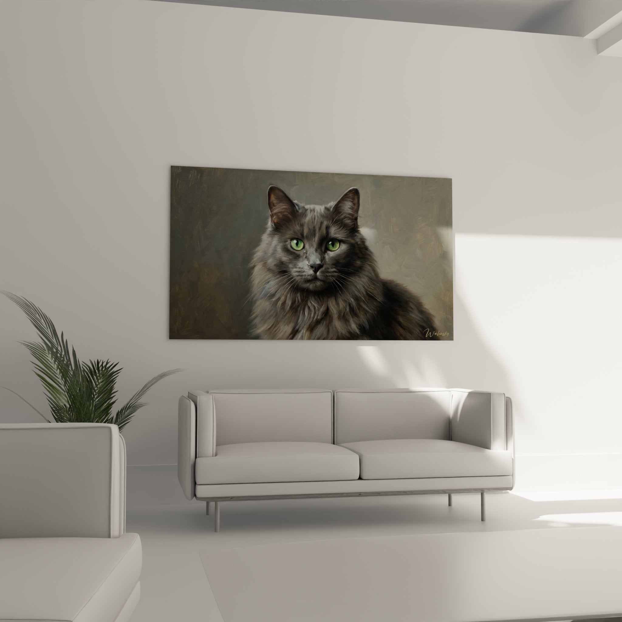 Primo piano quadro gatto Nebelung, dettagli del manto grigio, occhi verdi penetranti, qualità di stampa ad alta definizione