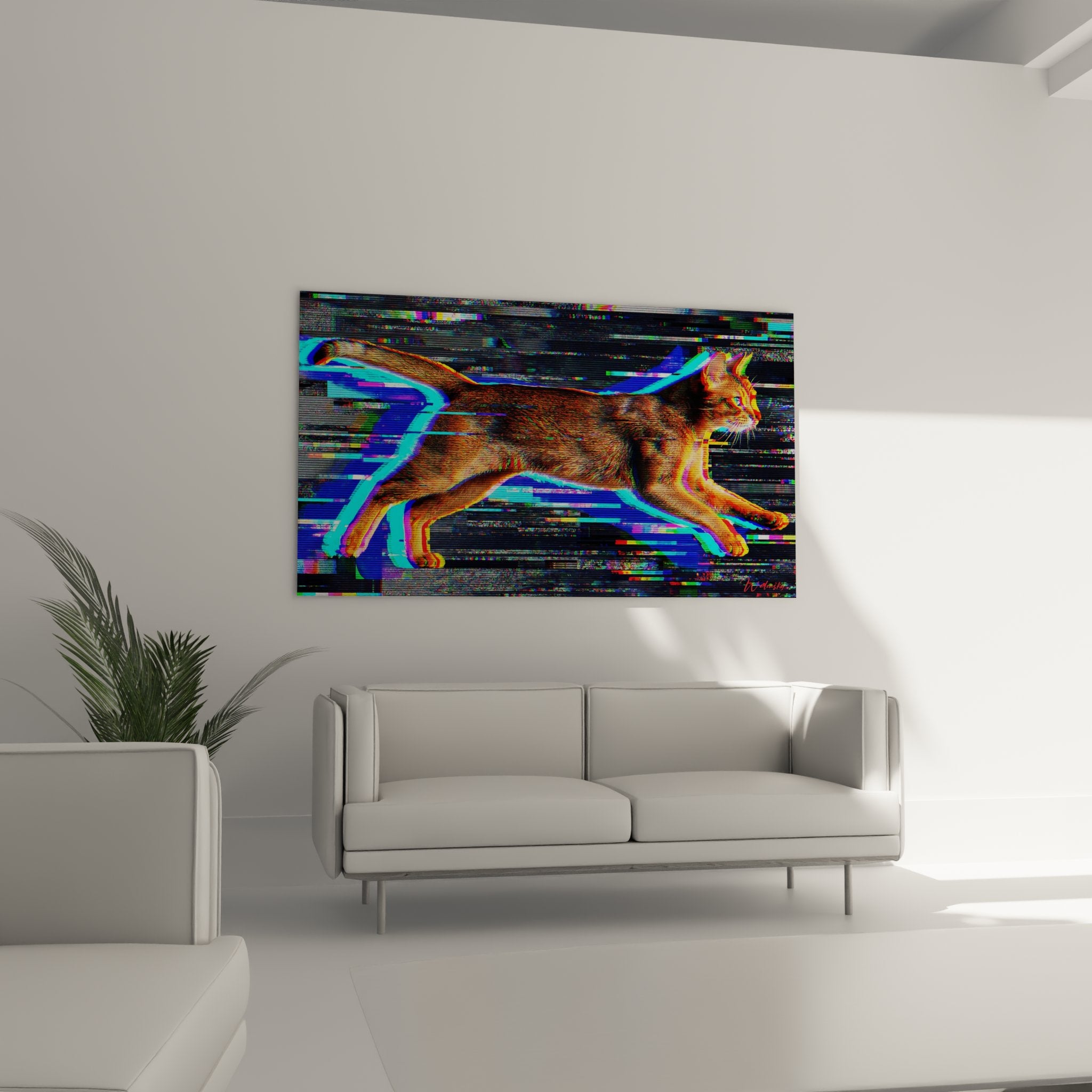 Détail tableau chat Abyssin effet glitch, distorsions numériques colorées et pelage roux