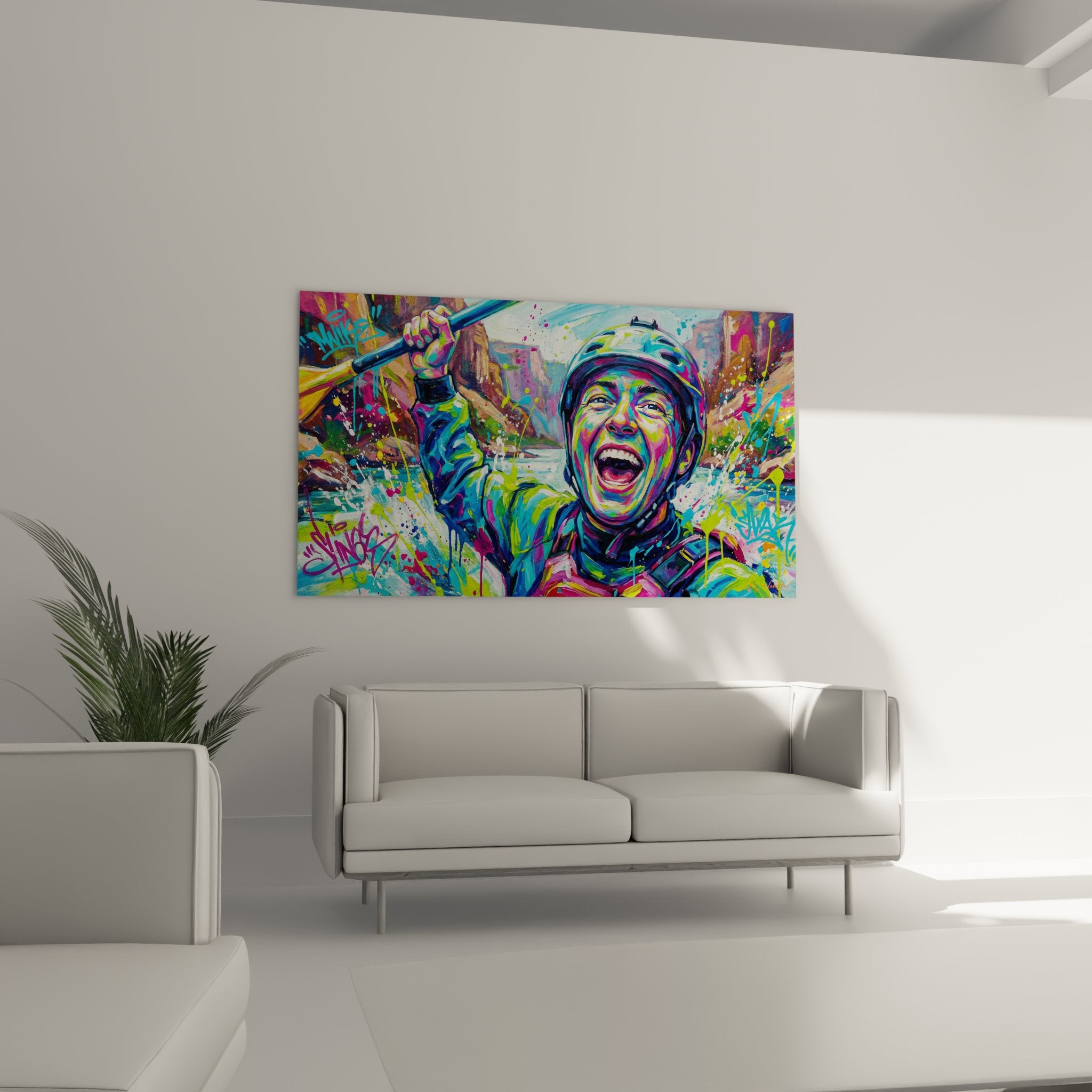 Detail of rafter painting, expressive face with vibrant colors, street art technique and splashes