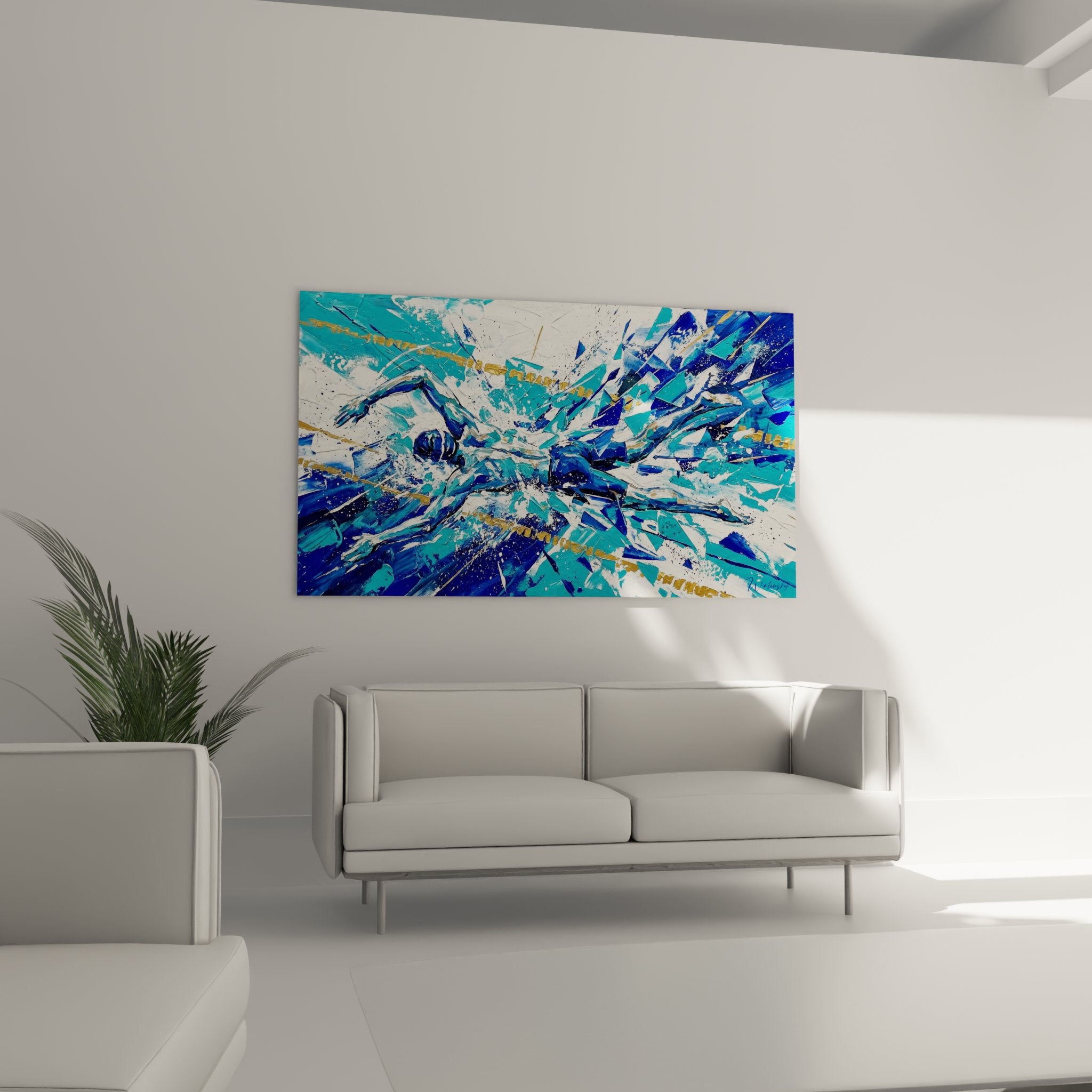 Detail peinture abstraite natation eclaboussures bleues touches dorees texture dynamique art aquatique