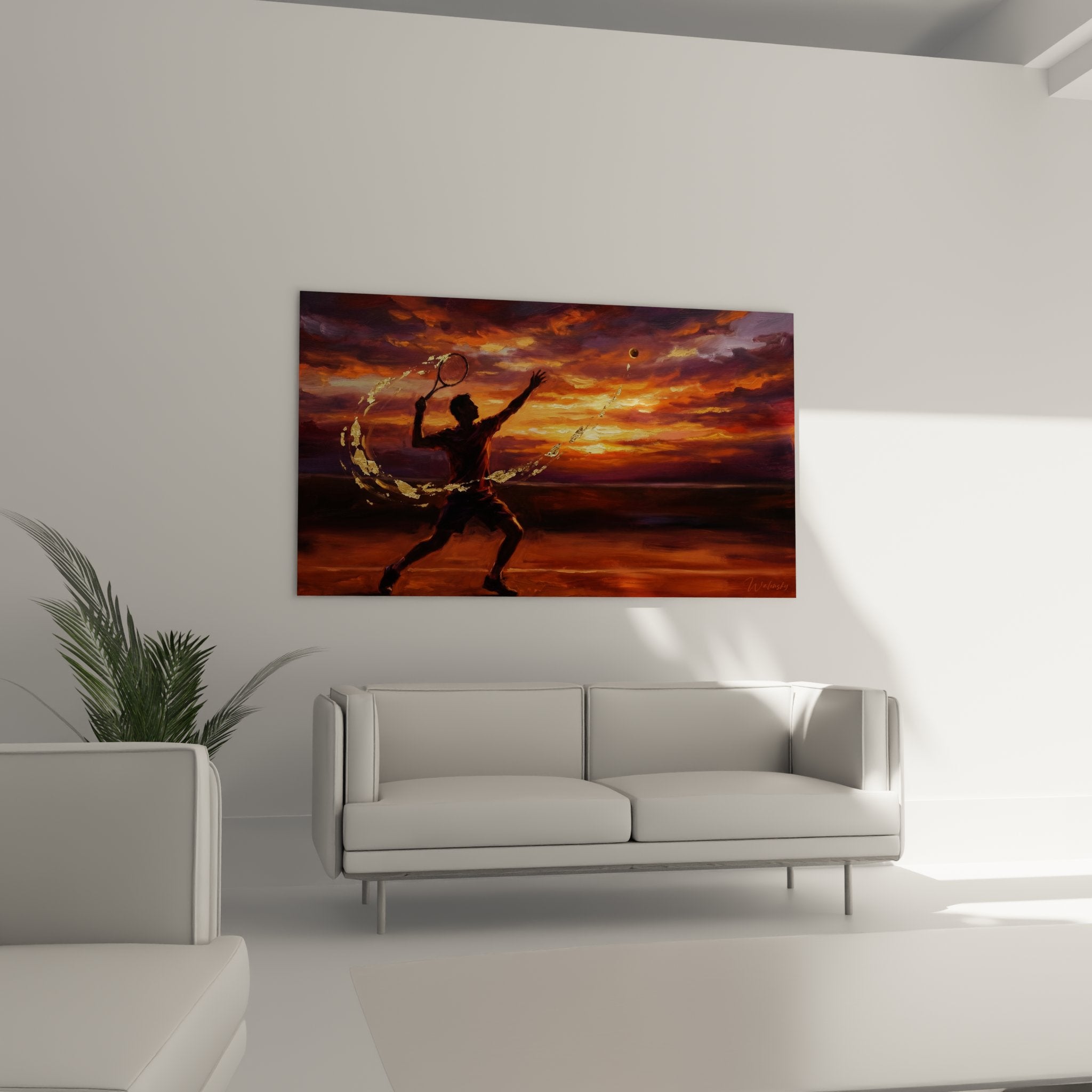 Detailansicht Tennisbild mit goldenem Lichteffekt, Schläger, Ball und künstlerischem Sonnenuntergang