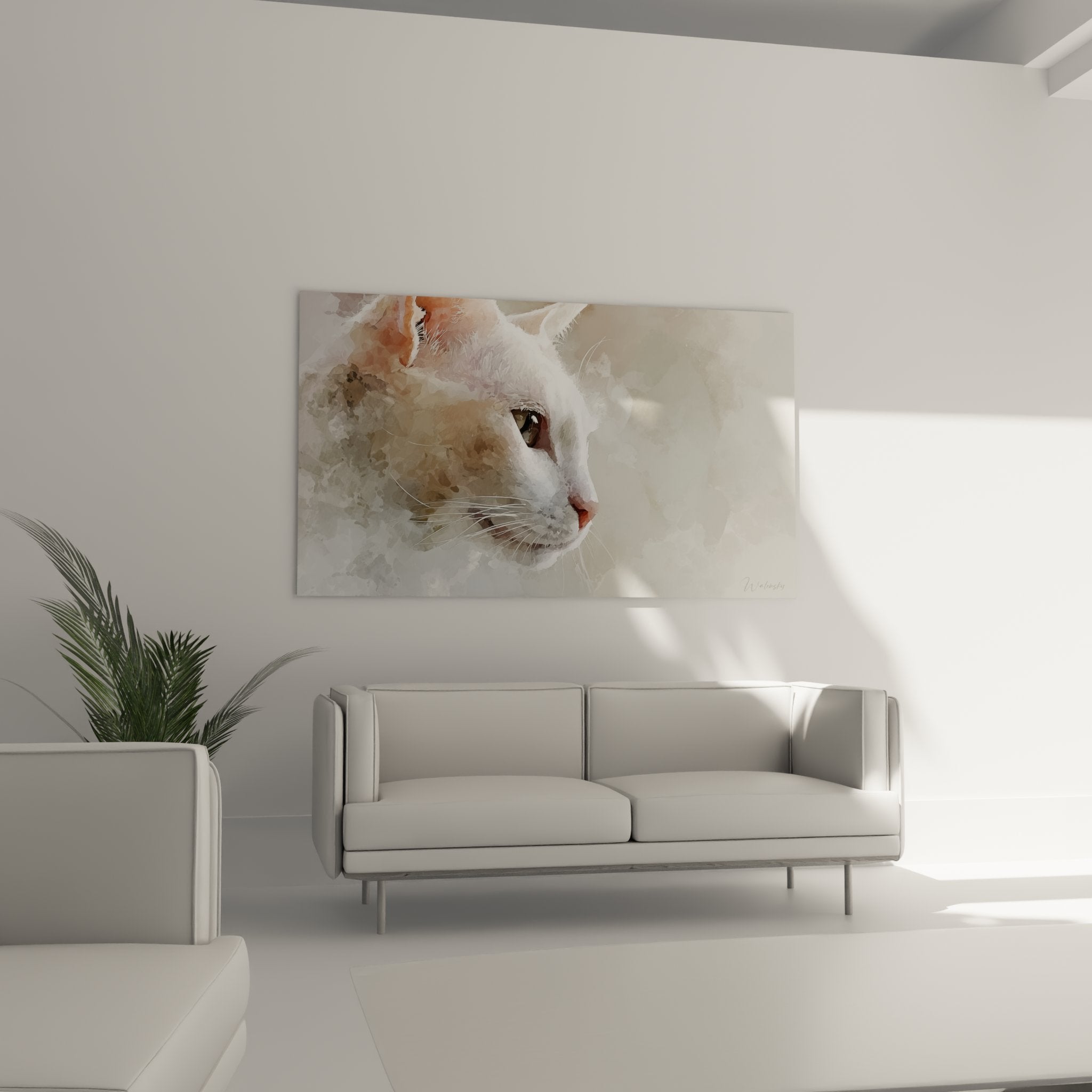 Détail portrait aquarelle chat blanc, œil ambré expressif, technique pinceau délicat art animalier