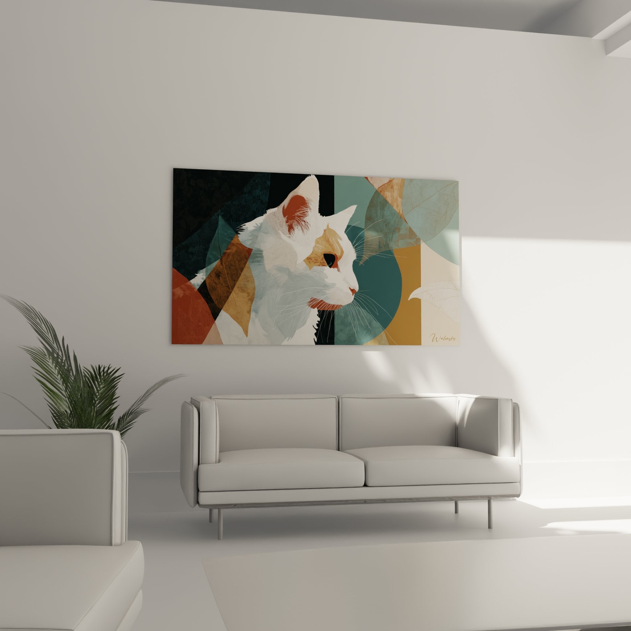 Detail tableau chat Turkish Van pelage blanc oreilles roses formes abstraites colorees