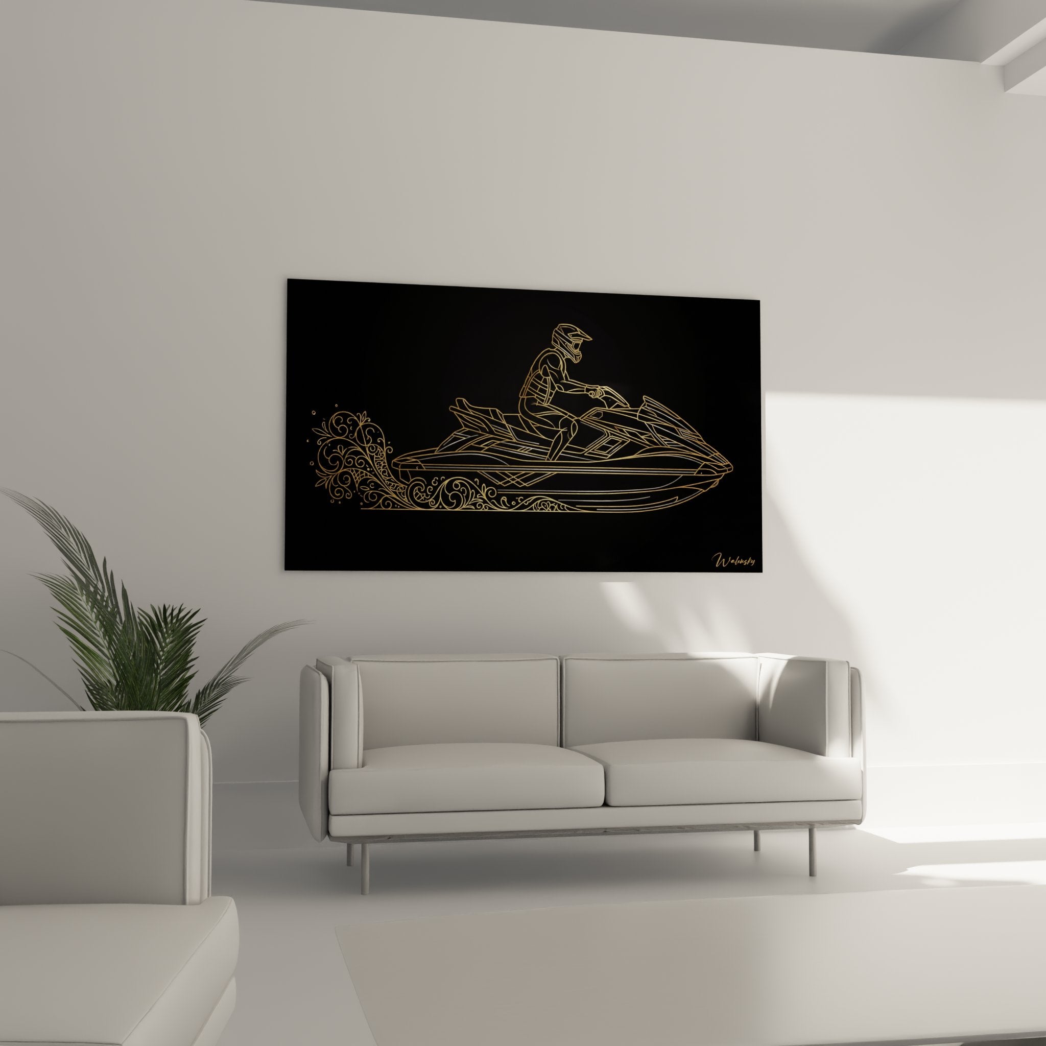 Dettaglio delle linee dorate del quadro jetski che mostra la finezza del lavoro artistico lineart