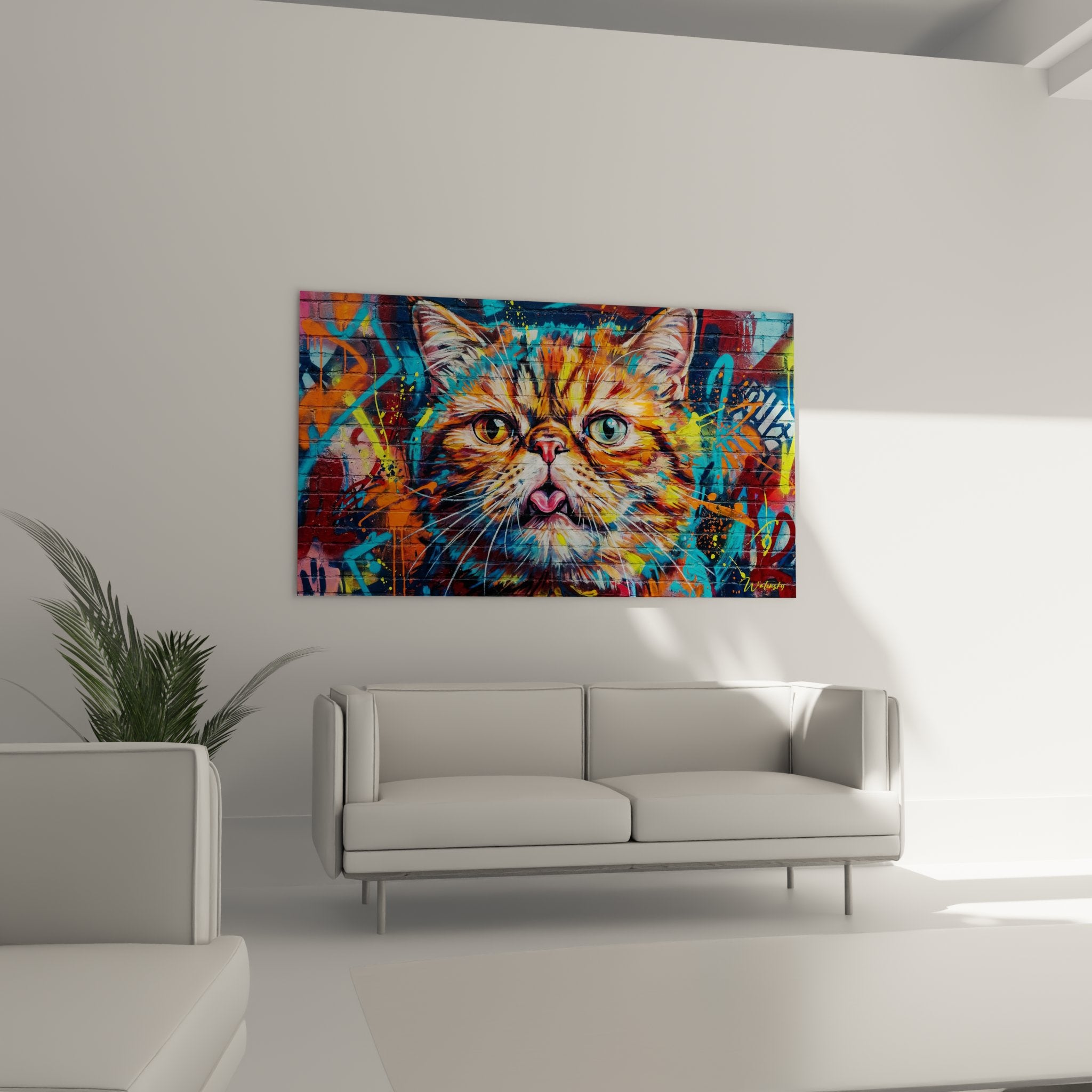 Dettaglio quadro street art gatto Exotic Shorthair, pittura graffiti con colori vivaci arancione e blu