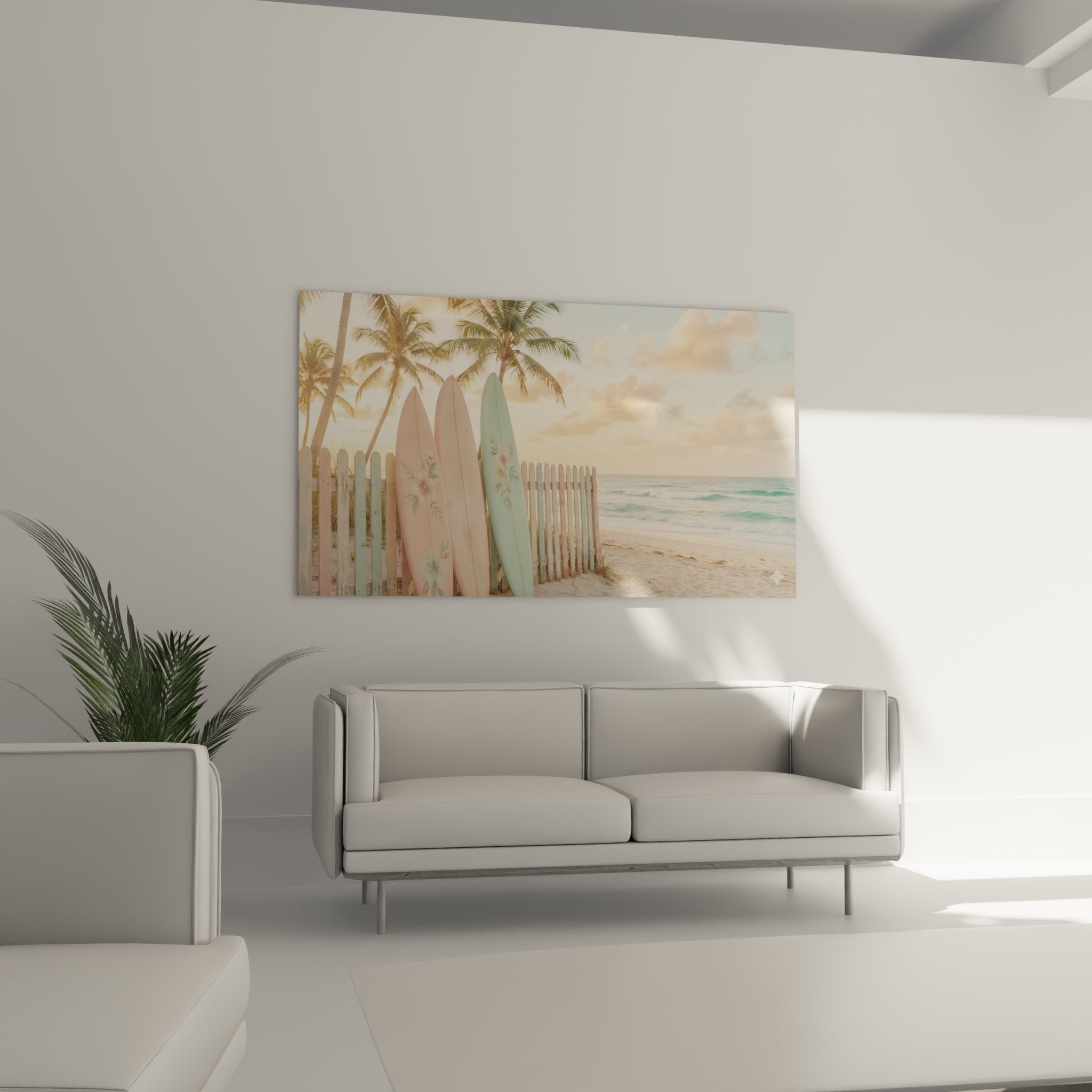 Détail planches de surf pastel rose et vert avec motifs floraux style vintage bohème