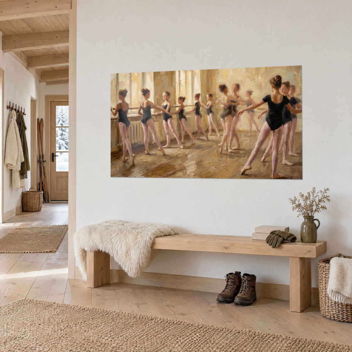 Gemälde Ballettunterricht in goldenem Licht, Schülerinnen in schwarzem Trikot und rosigen Strumpfhosen aufgereiht an der Stange, Dreiviertelansicht