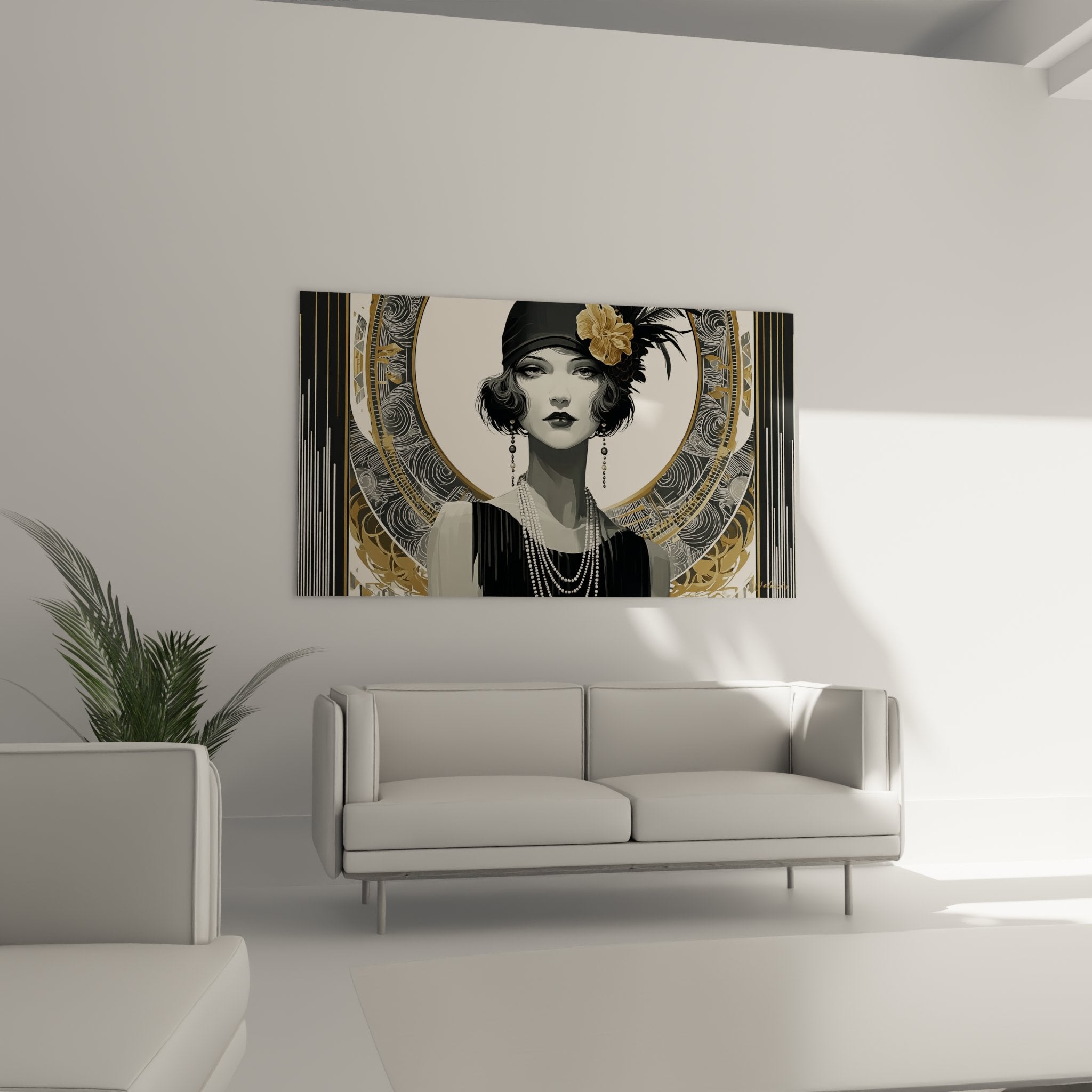 Dettaglio ritratto donna art déco trucco sofisticato gioielli perle fiore dorato stile anni ruggenti