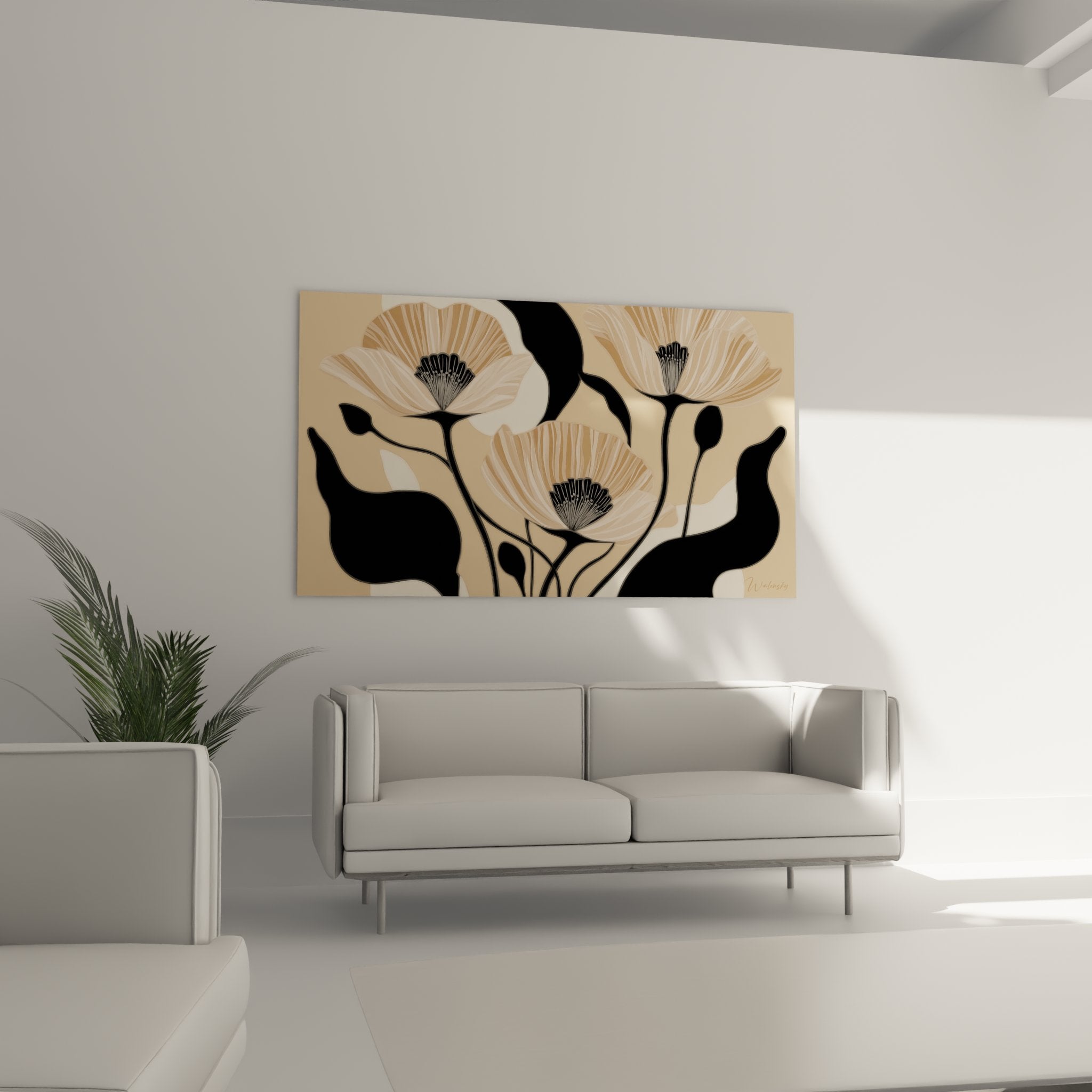 Stylized flowers art deco detail, veined beige petals and black centers, refined graphic composition