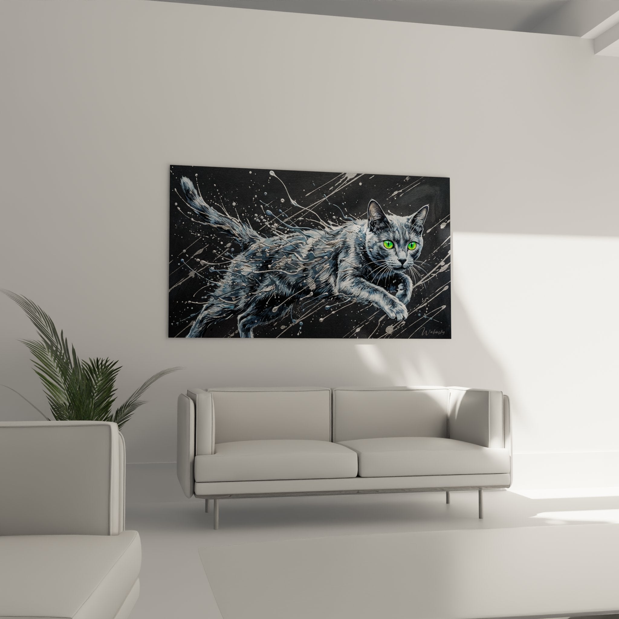 Detail rapproche tableau chat Korat yeux verts texture peinture eclaboussures blanches art mural