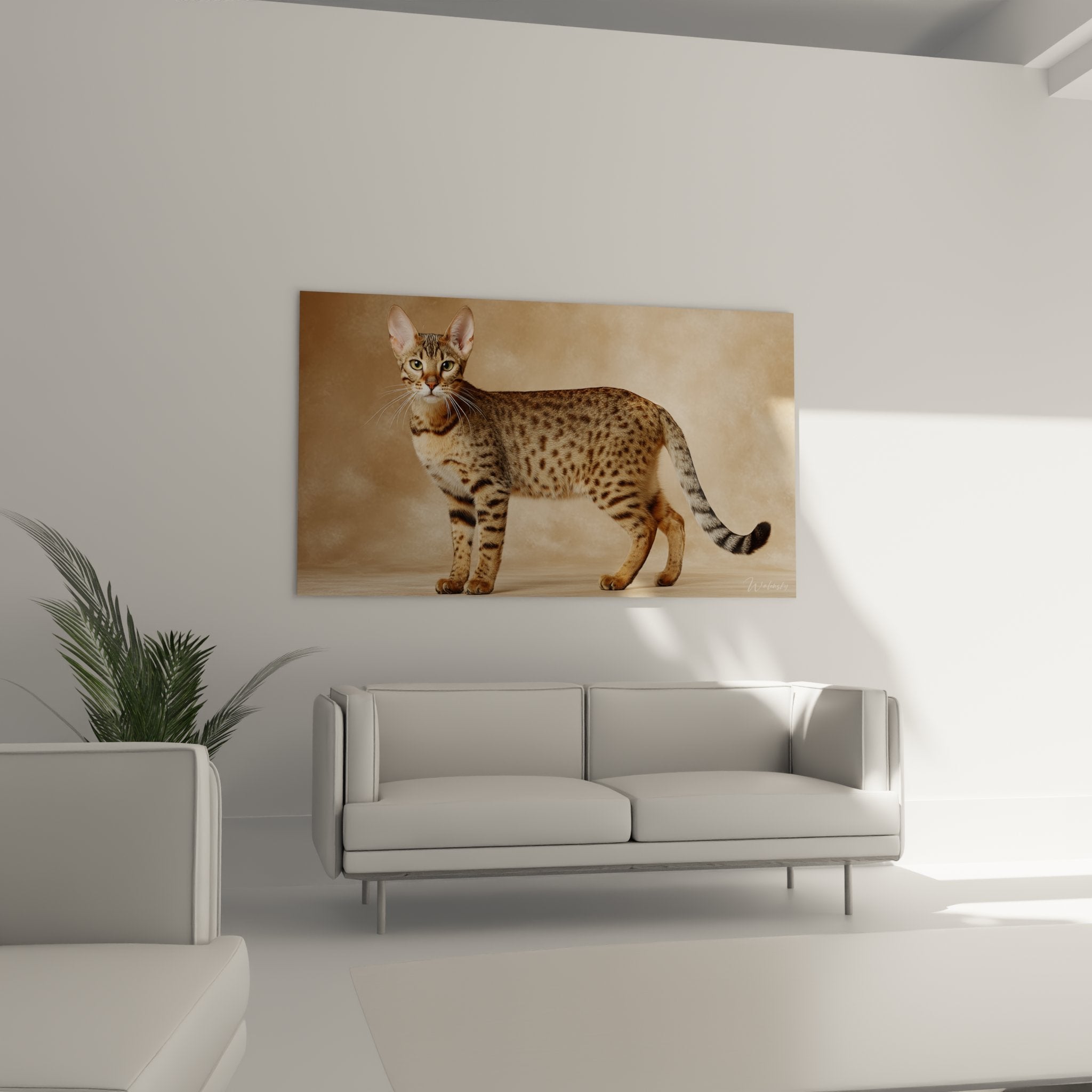 Close-up cat artwork Serengeti showing spotted tabby fur details and intense feline expression