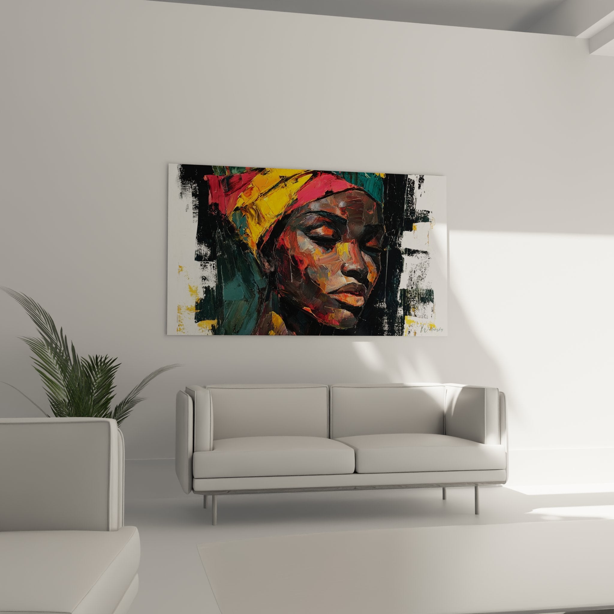 Nahaufnahme-Detail eines Portraitgemäldes einer afrikanischen Frau, Textur mit kräftigen künstlerischen Farbaufträgen