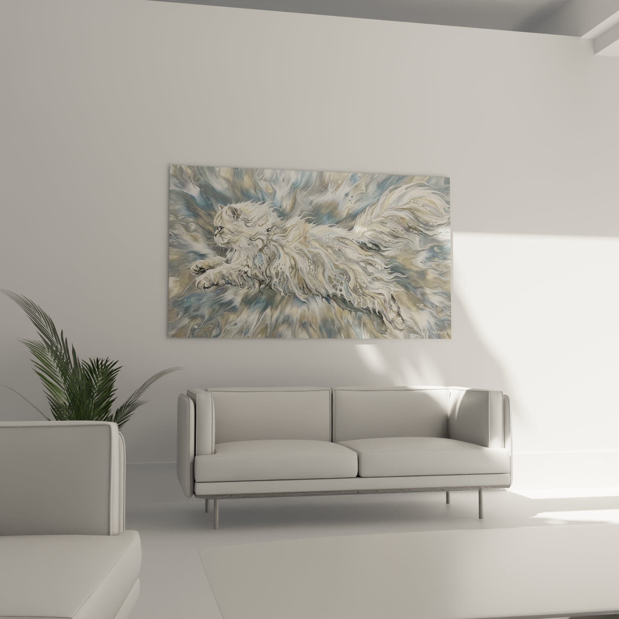 Nahaufnahme des Gemäldes Persische Katze, die die Fluid-Paint-Technik und den intensiven felinen Ausdruck zeigt