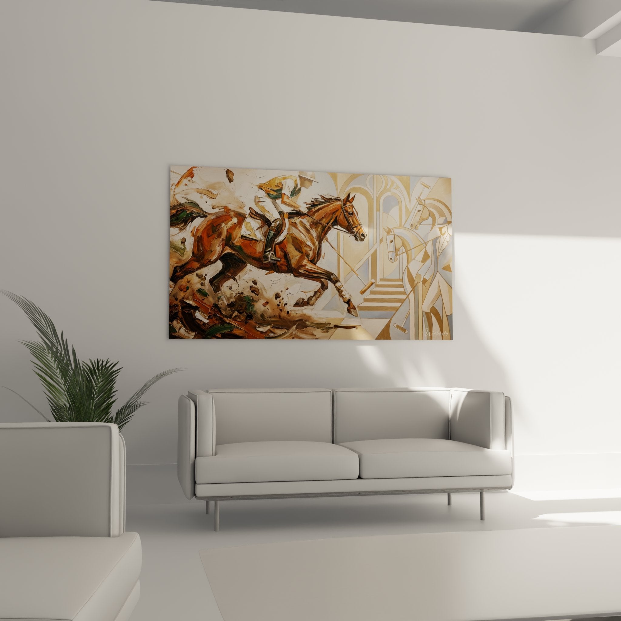 Close-up detail of the polo painting showing the pictorial technique and warm colors of the horseman