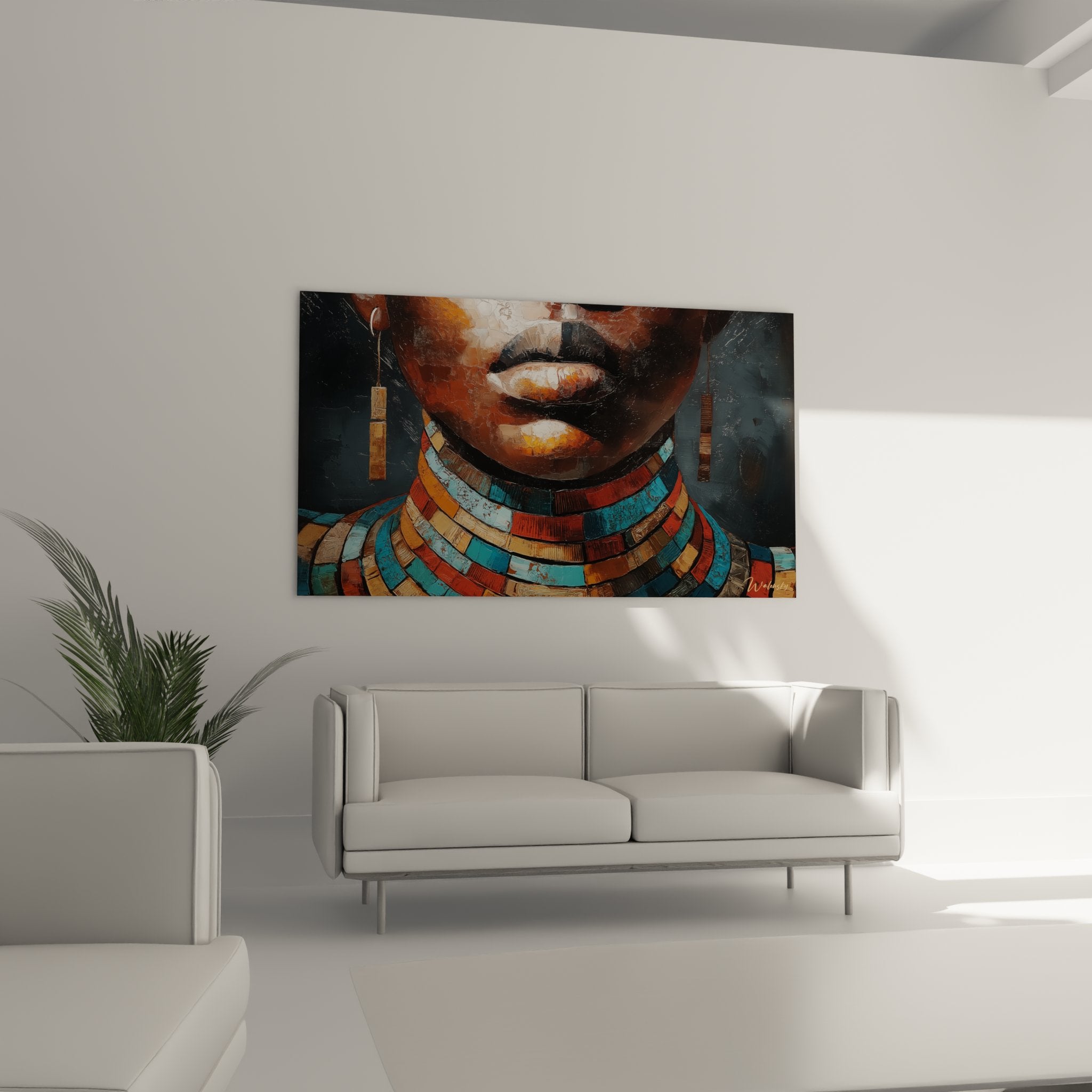 Dettaglio primo piano quadro ritratto africano, labbra espressive e gioielli colorati, tecnica pittorica mista