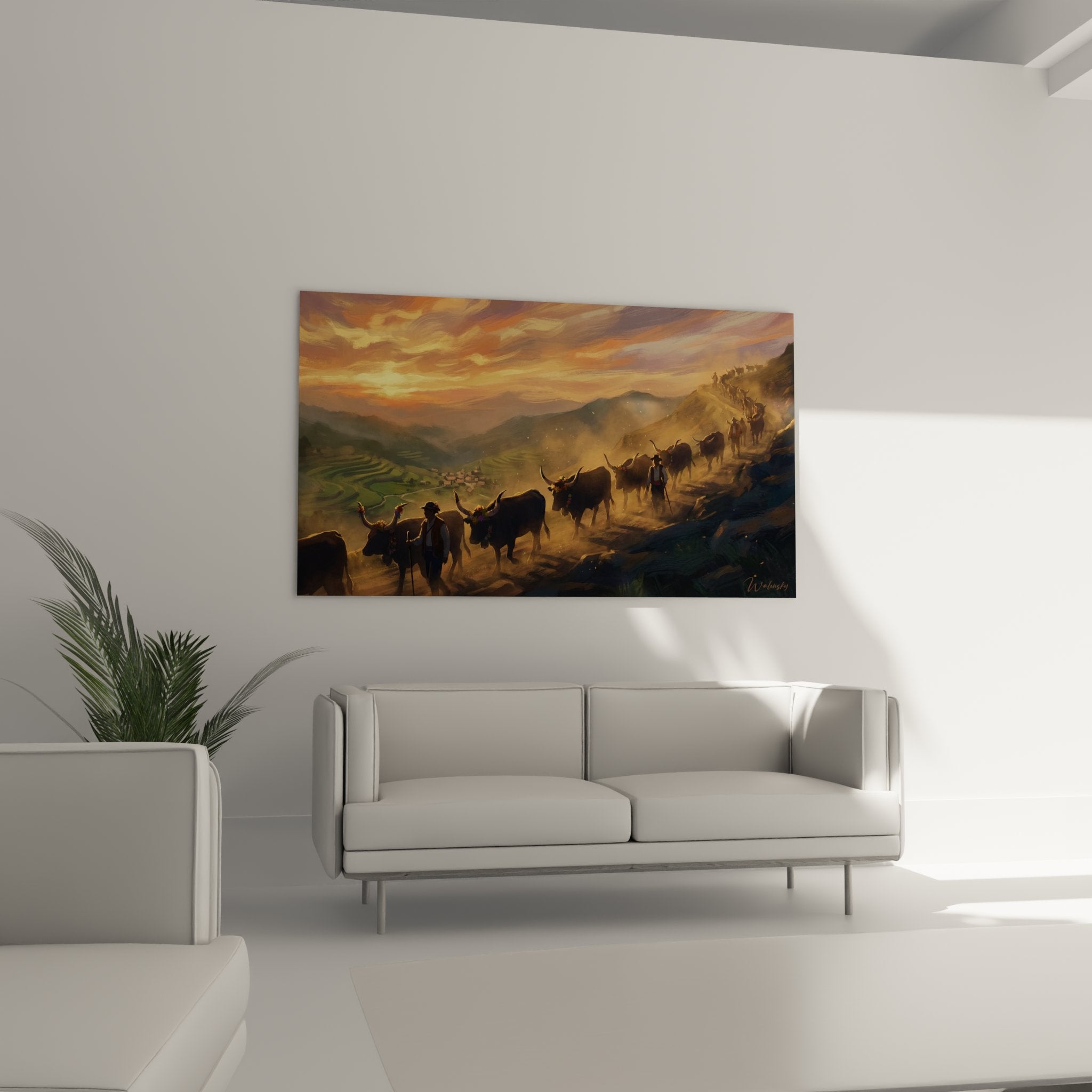 Dettaglio quadro yak corna pastori bastone transumanza alpina pittura realistica luce dorata
