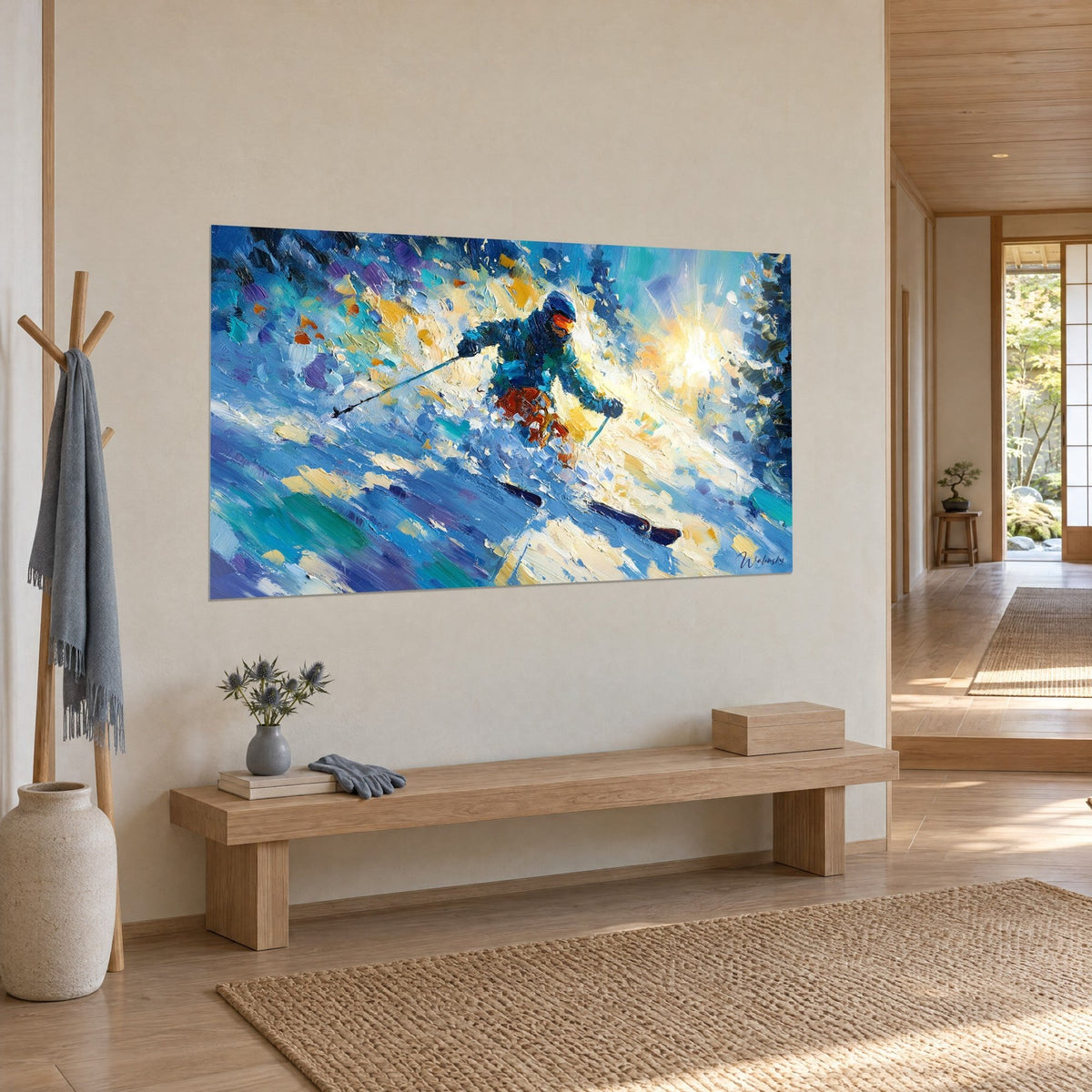 Quadro di una discesa esplosiva con pittura densa, sci scuri, neve blu cobalto e giallo pallido, vista di tre quarti in un ingresso japandi