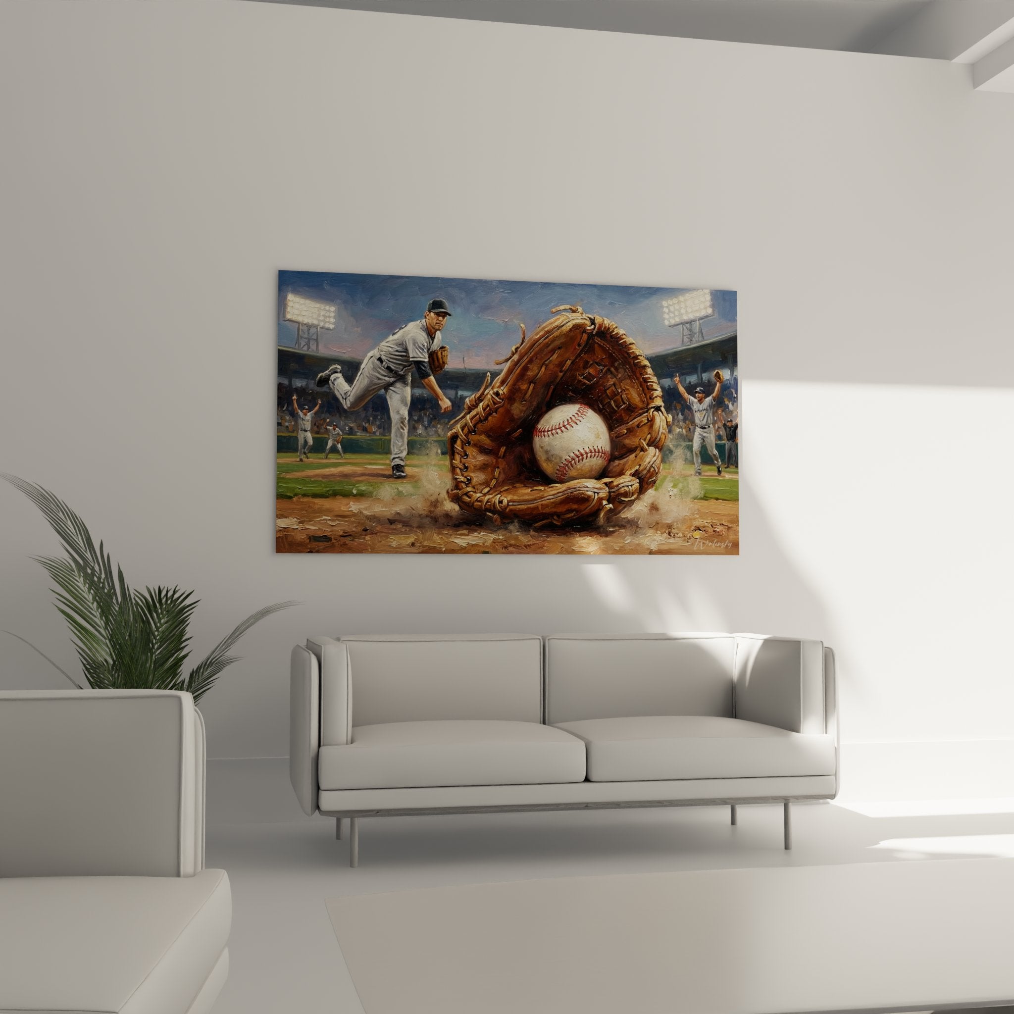 Détail rapproché du tableau montrant texture cuir du gant de baseball et coutures rouges de la balle blanche