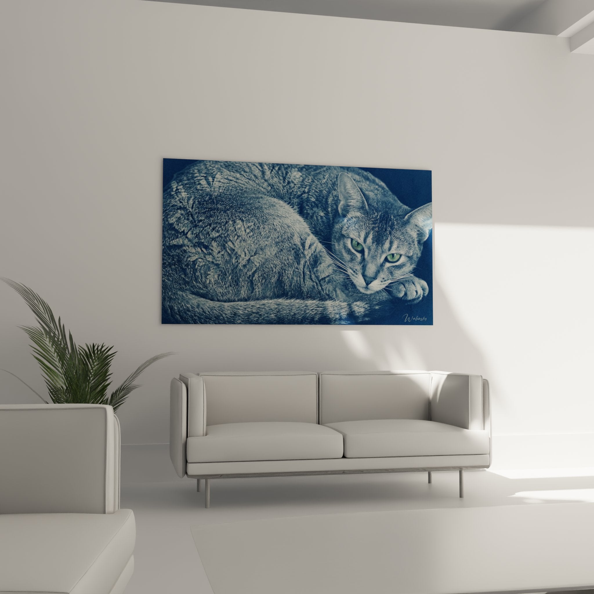 Gros plan sur les détails du tableau chat Abyssin montrant la texture artistique bleue