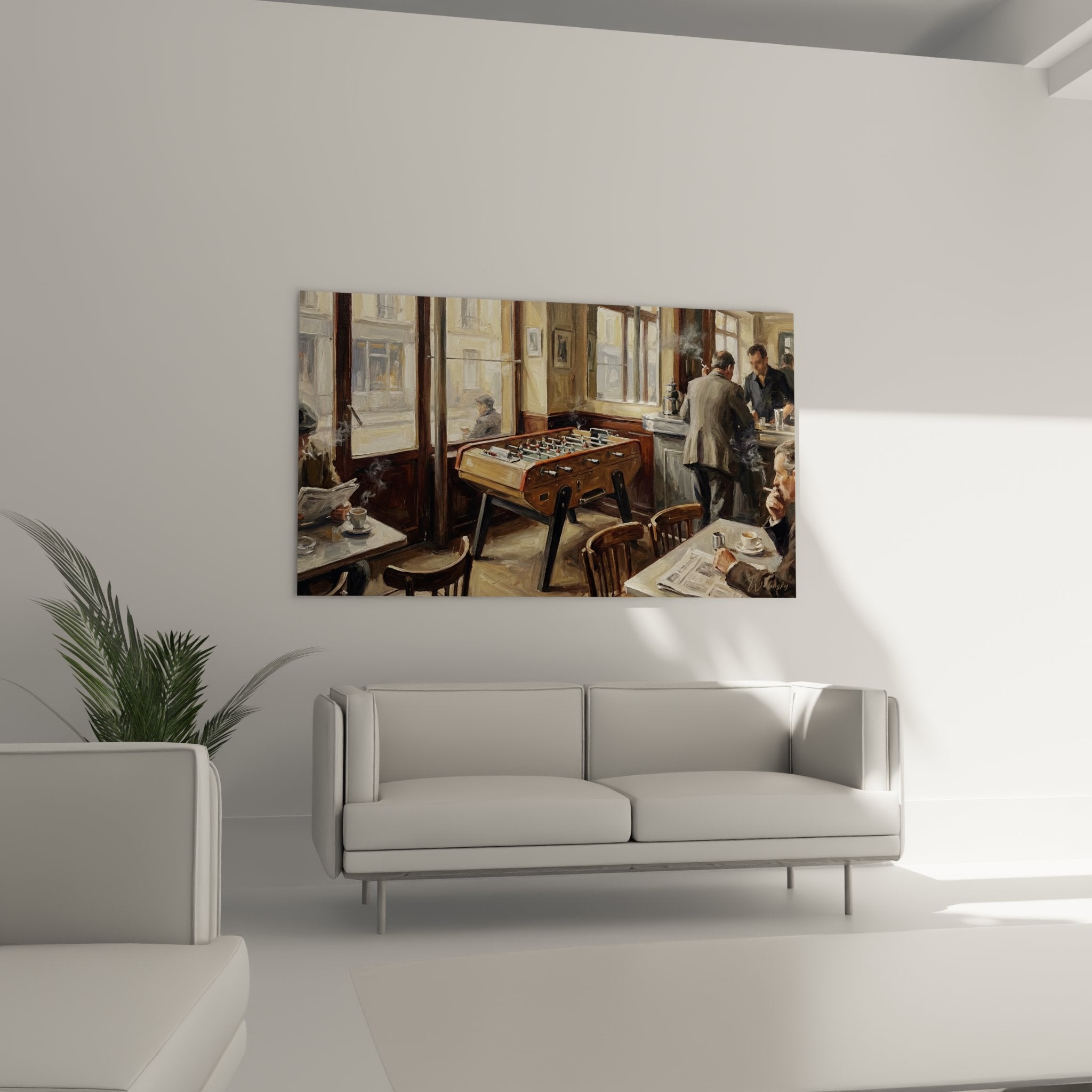 Detail tableau babyfoot vintage cafe parisien peinture realiste atmosphere chaleureuse