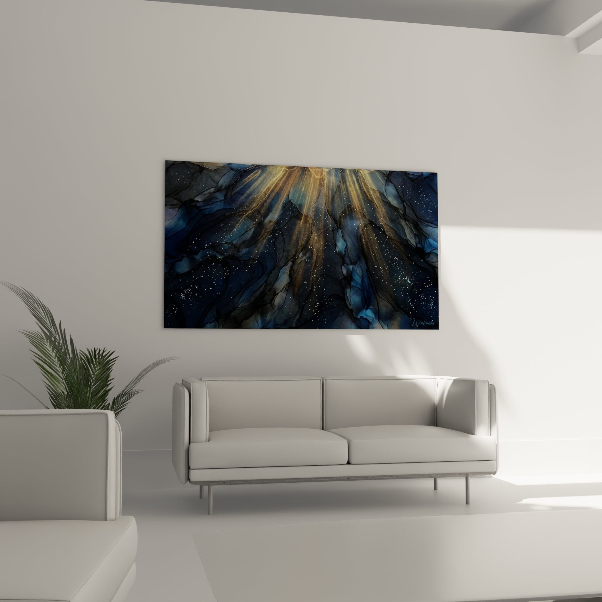 Detail texture tableau abstrait marin montrant effets fluides bleu ocean et reflets dores artistiques