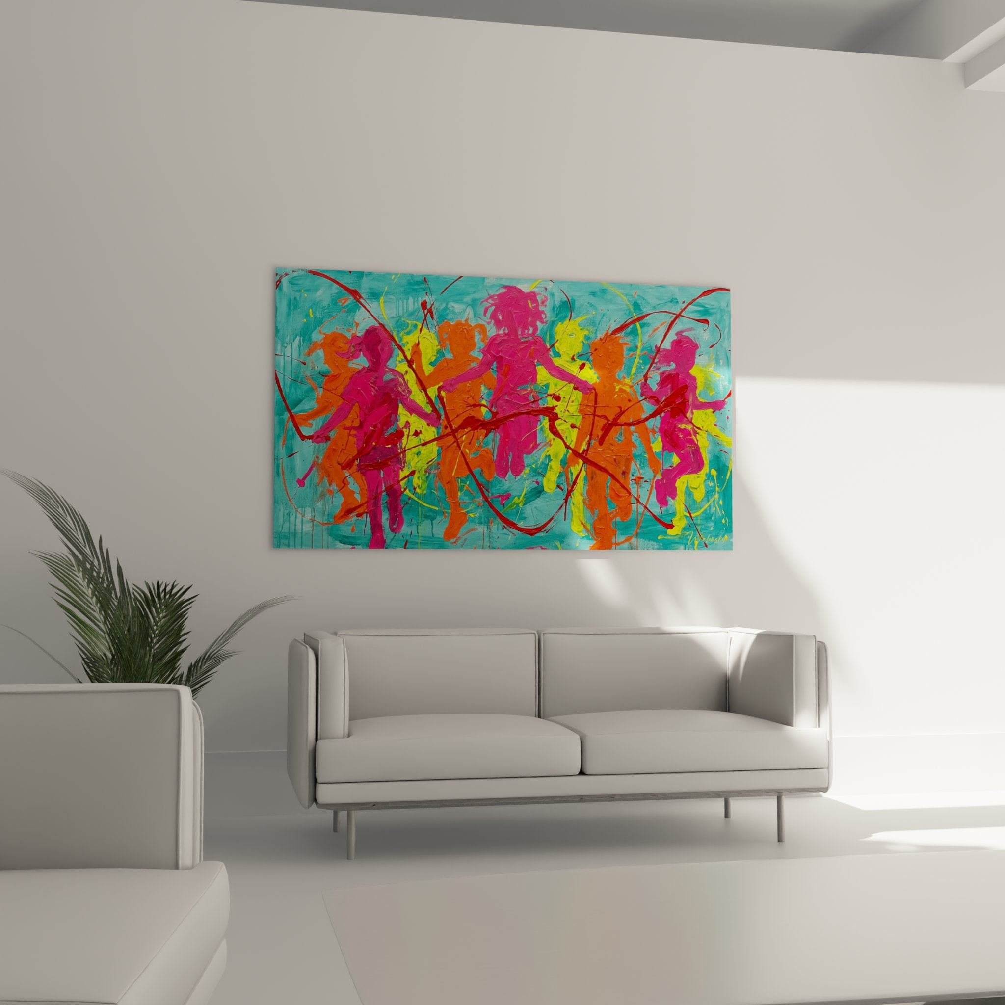 Close-up detail of the abstract painting showing paint textures and vibrant color blends