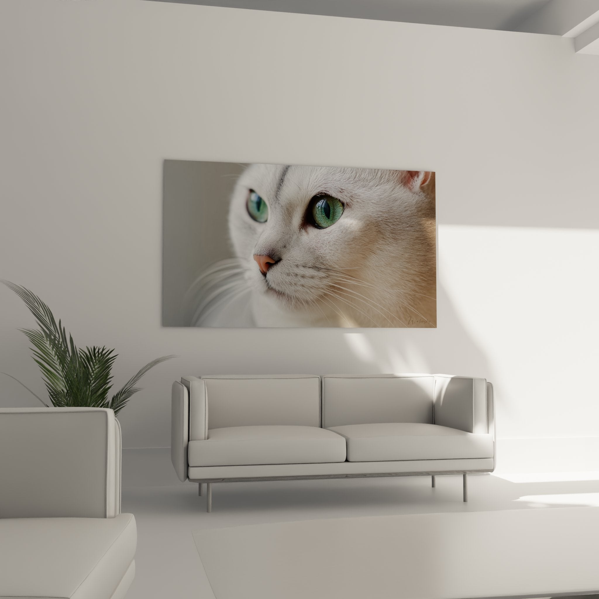 Gros plan yeux verts chat Burmilla detail pelage argente moustaches blanches truffe rose art realiste felin