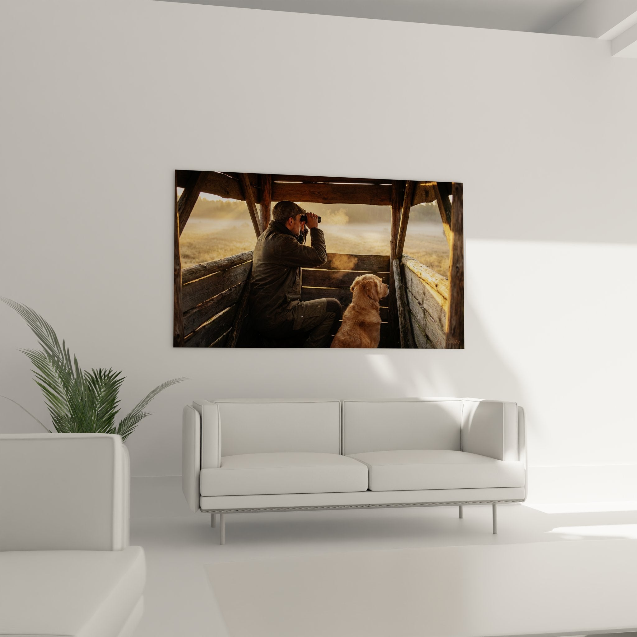 Détail tableau chasseur concentration jumelles chien fidèle mirador bois patiné atmosphère matinale