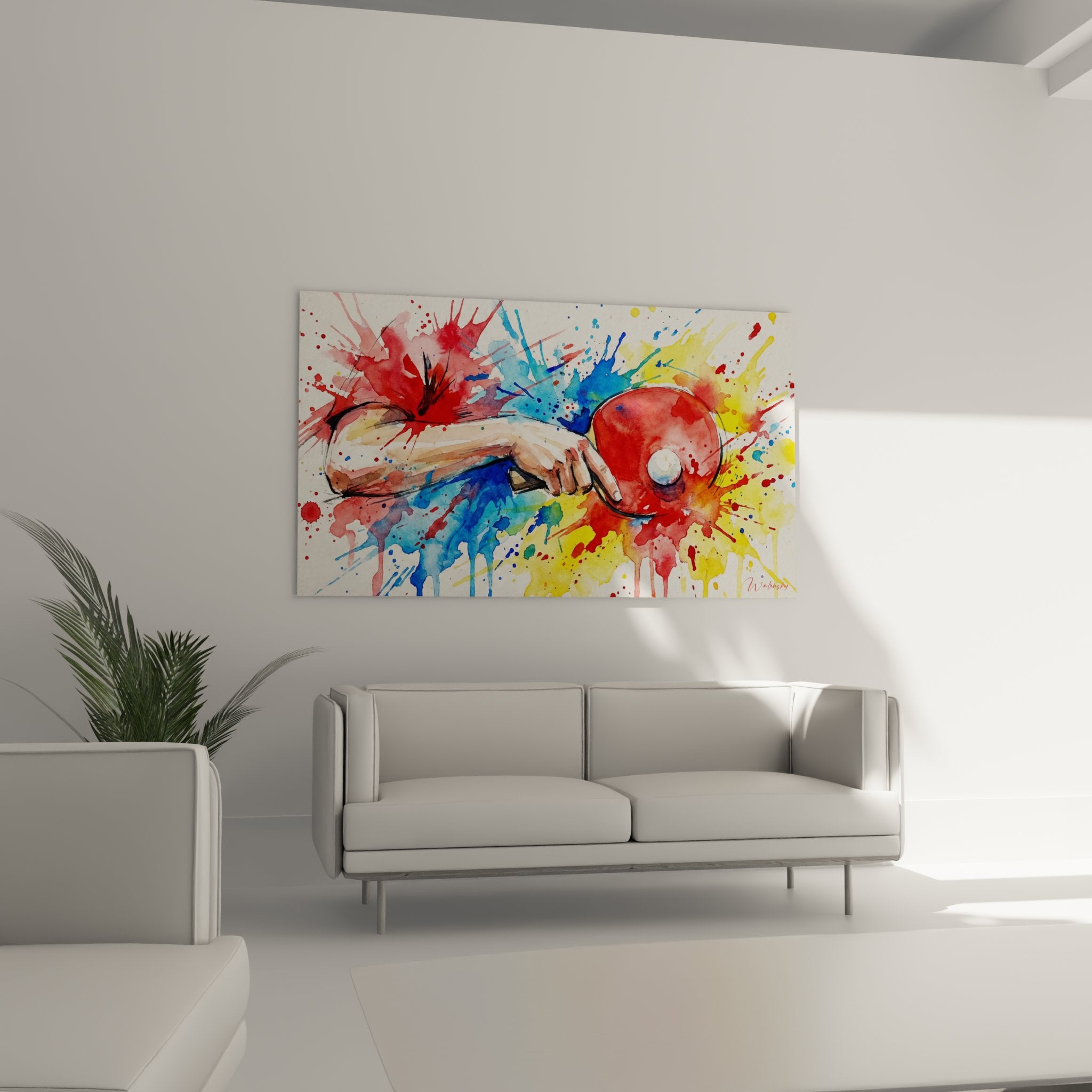 Détail raquette ping pong rouge main aquarelle projections peinture art contemporain tennis table