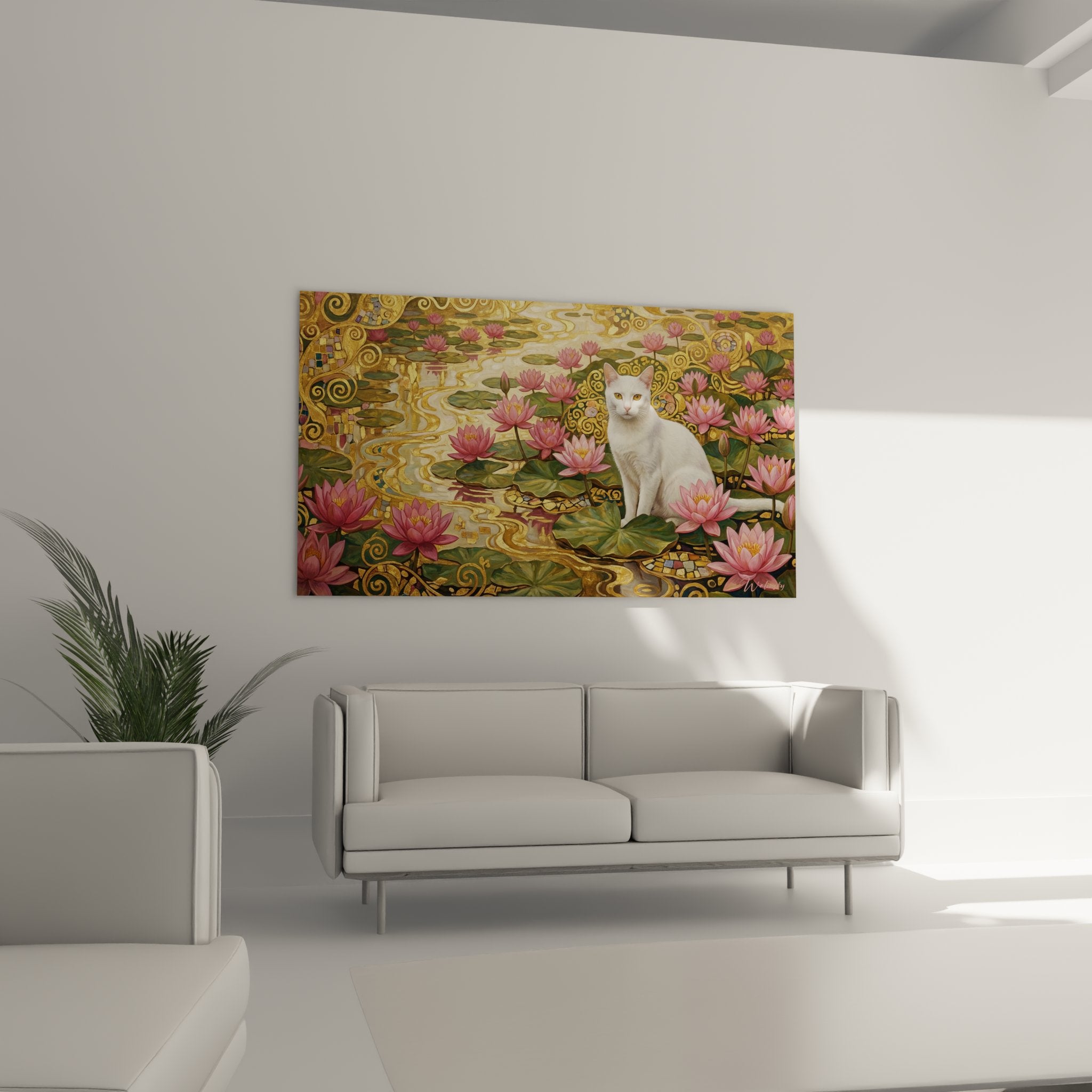 Gros plan tableau chat Khao Manee yeux dores entoure nenuphars roses motifs Art Nouveau detailles