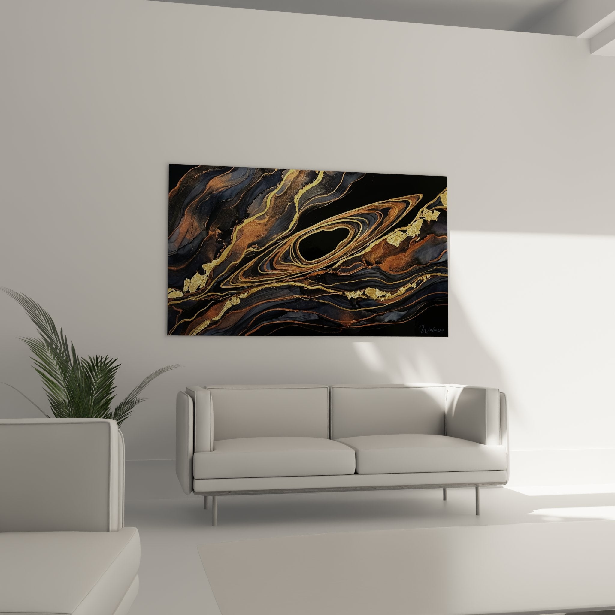 Detail texture tableau abstrait dore et noir, peinture moderne avec effets metalliques brillants