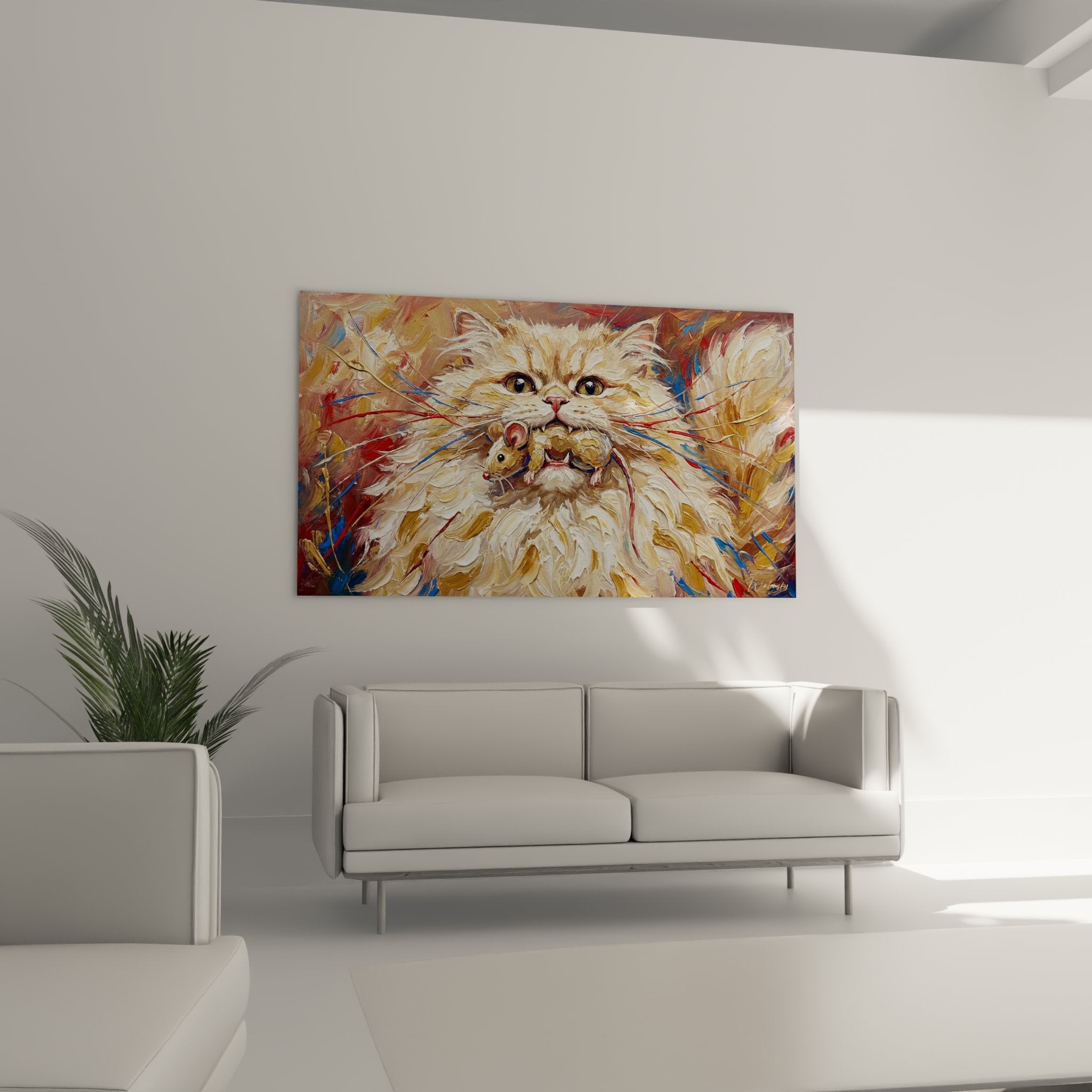 Close-up of Persian cat artwork details, thick paint texture and intense feline gaze