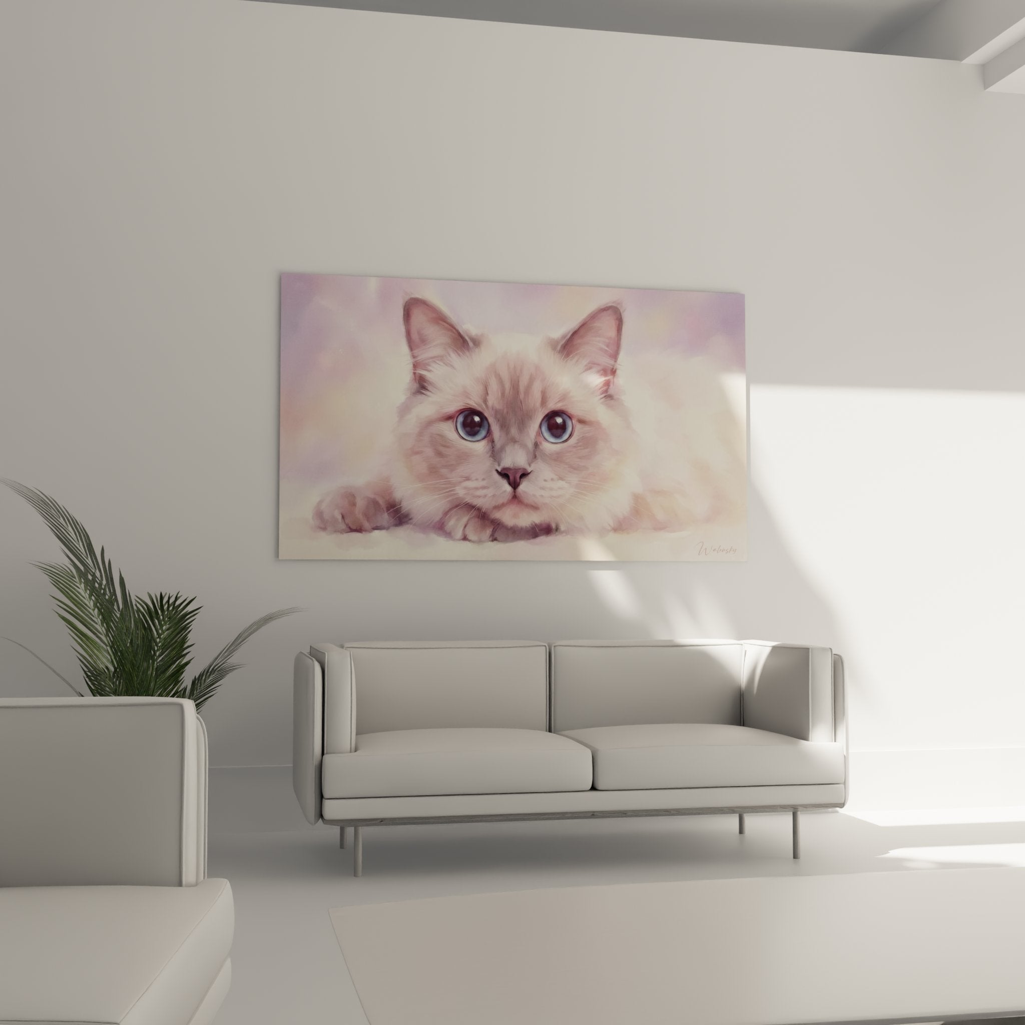 Gros plan sur les yeux bleus perçants du chat Himalayan dans ce tableau aux couleurs tendres