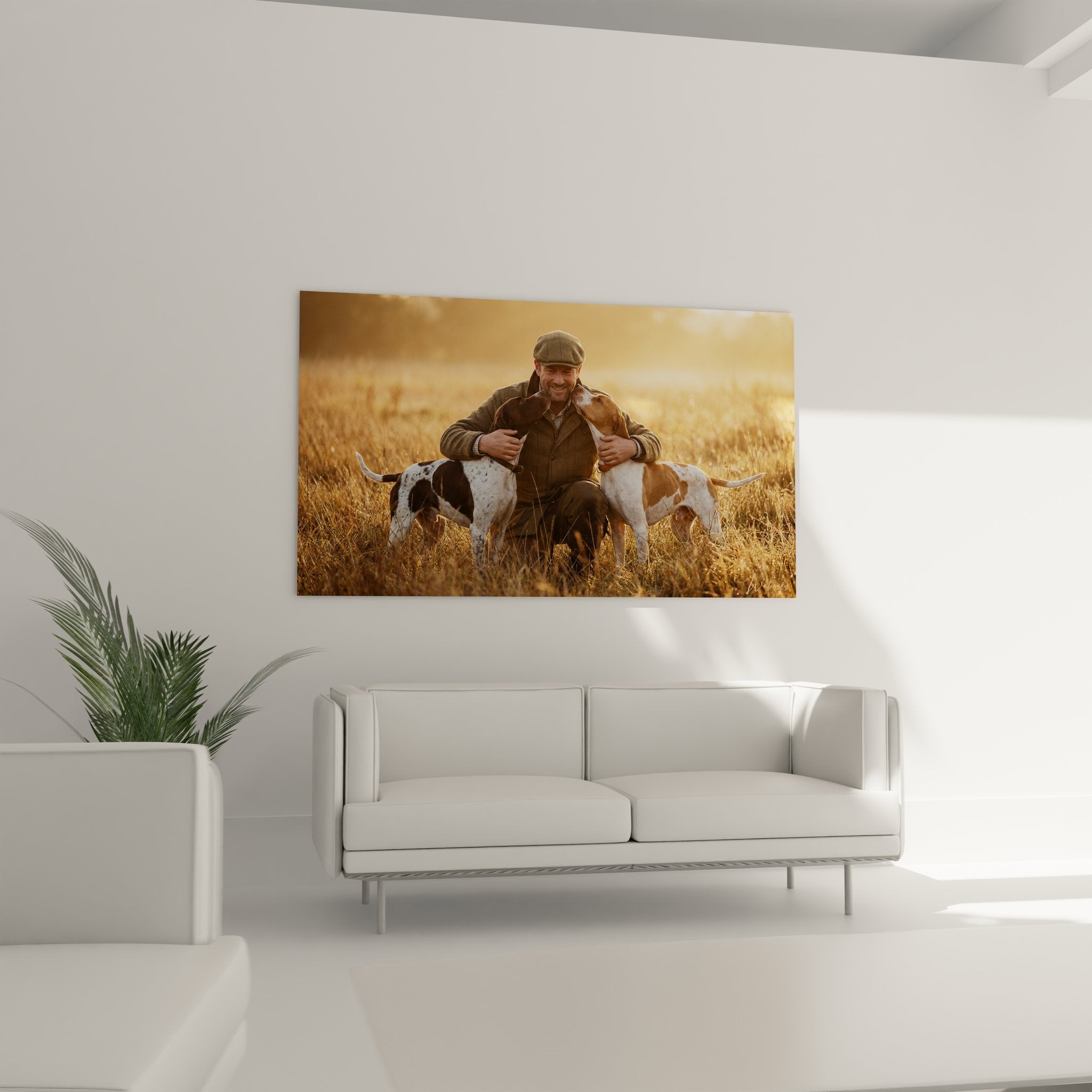 Détail du tableau montrant l'expression tendre du chasseur et de ses fidèles compagnons canins