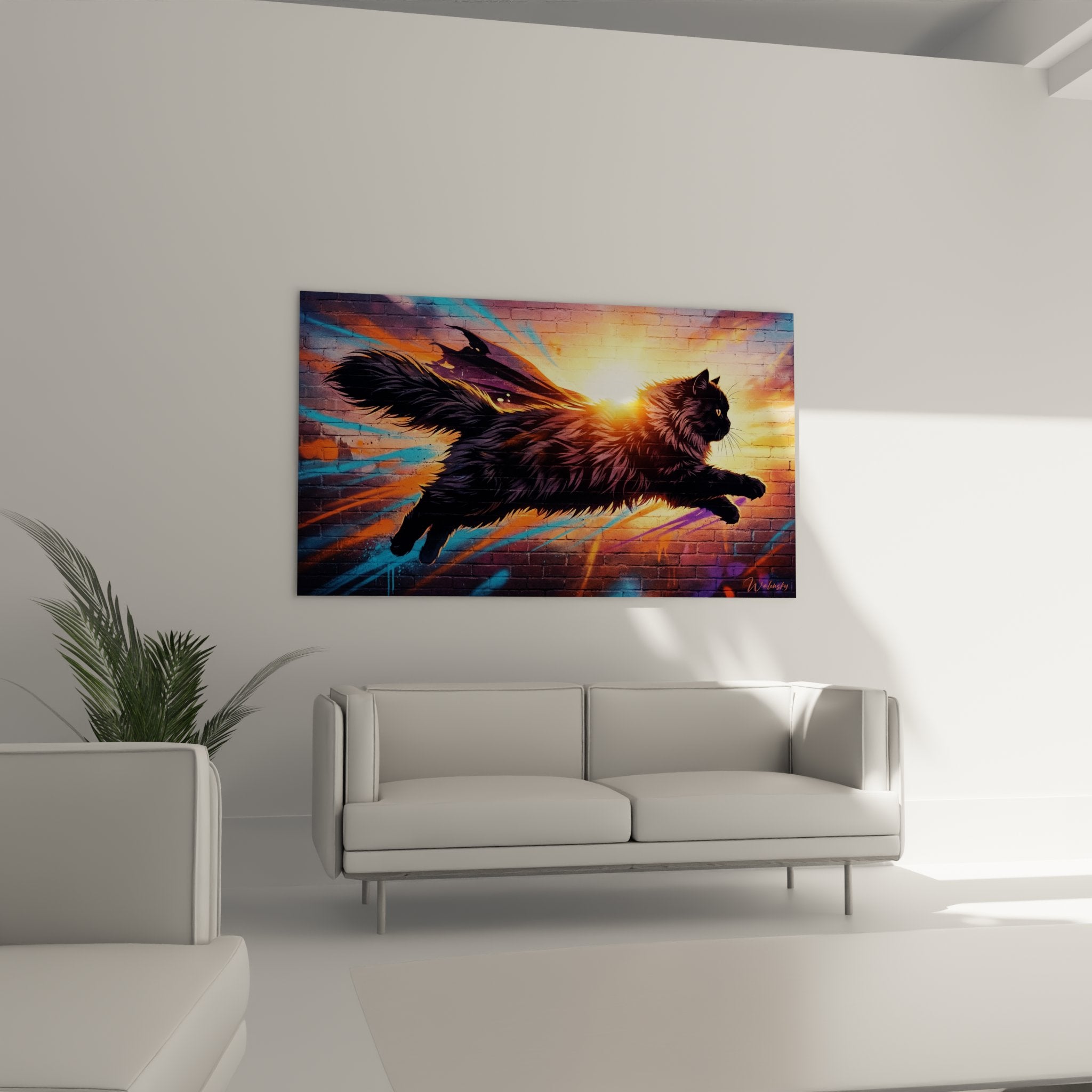 Dettaglio primo piano gatto persiano con occhi penetranti e ali spiegate arte urbana fantastica