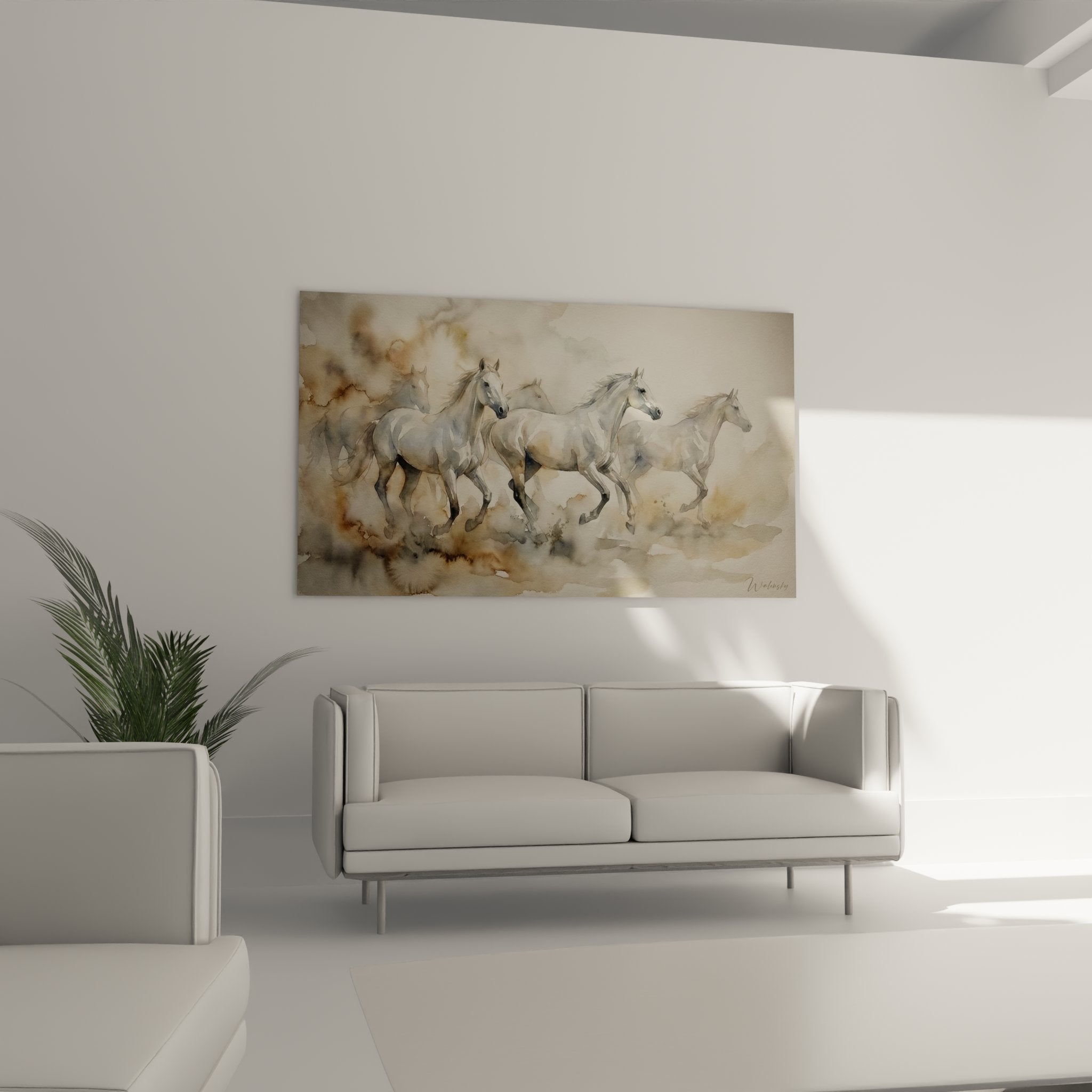 Detail aquarelle chevaux blancs criniere flottante technique picturale delicate art equestre