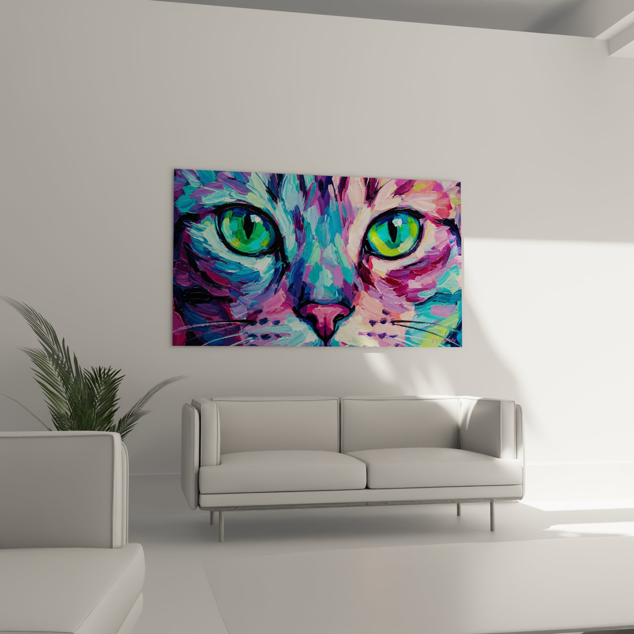 Nahaufnahme der Details des Katzengemäldes, die die Textur der Pinselstriche und die Intensität des Blicks zeigt