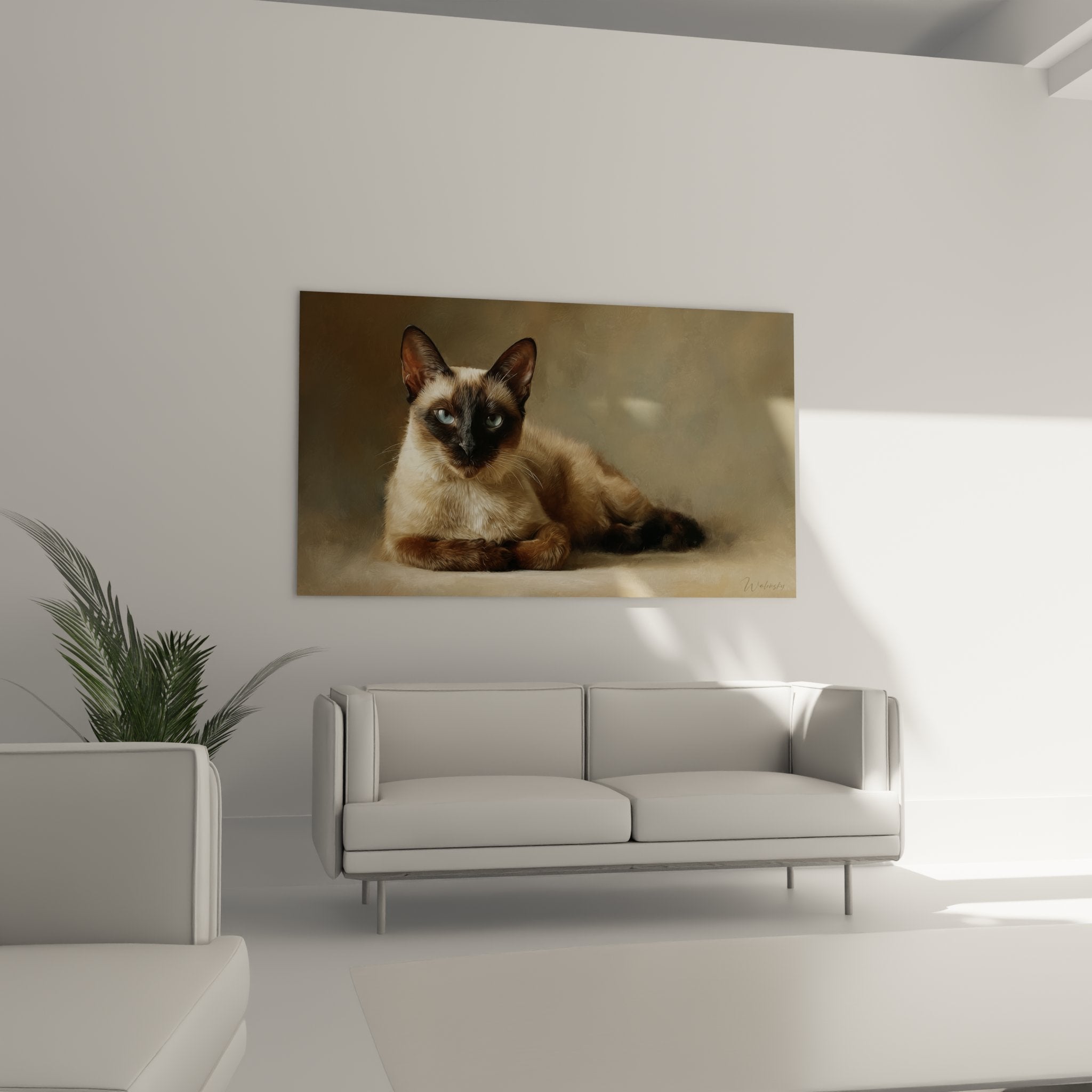 Gros plan portrait chat siamois regard bleu intense pelage crème et brun détaillé artistique