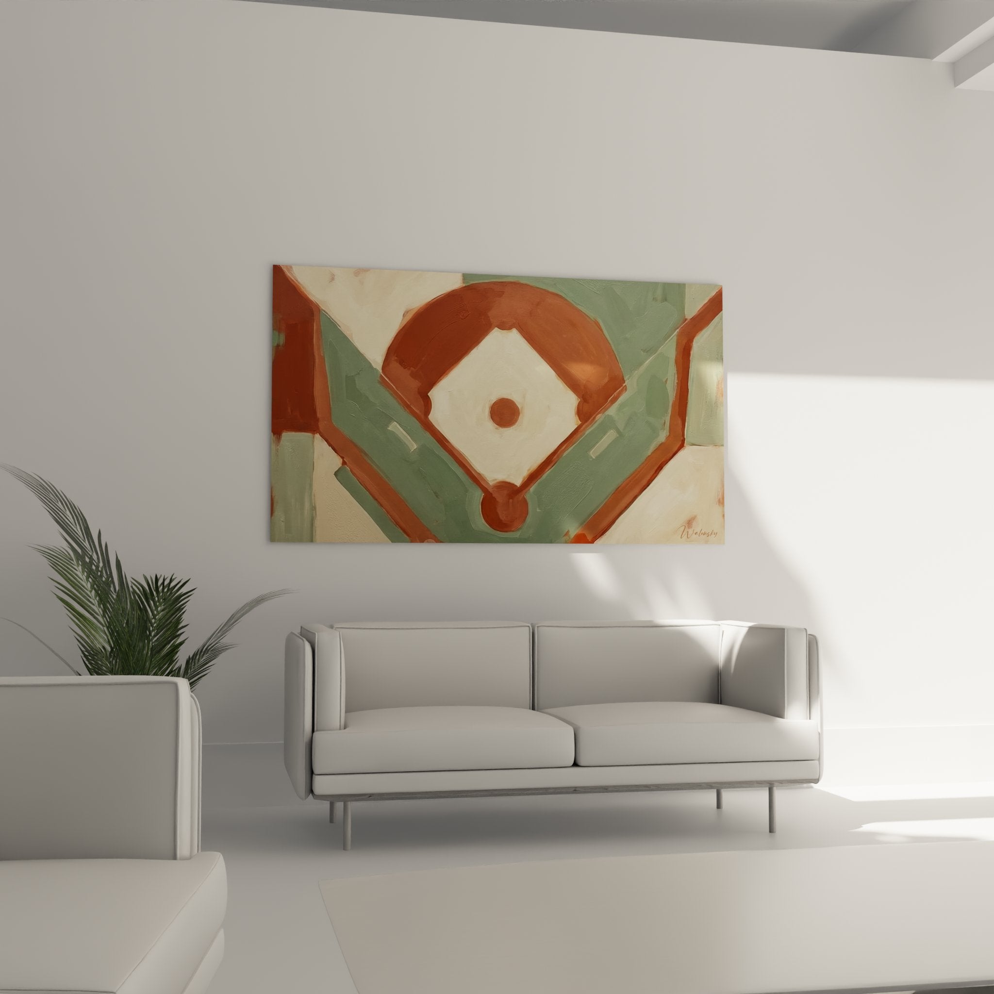 Detail du tableau terrain de baseball montrant les textures et nuances de couleurs terracotta