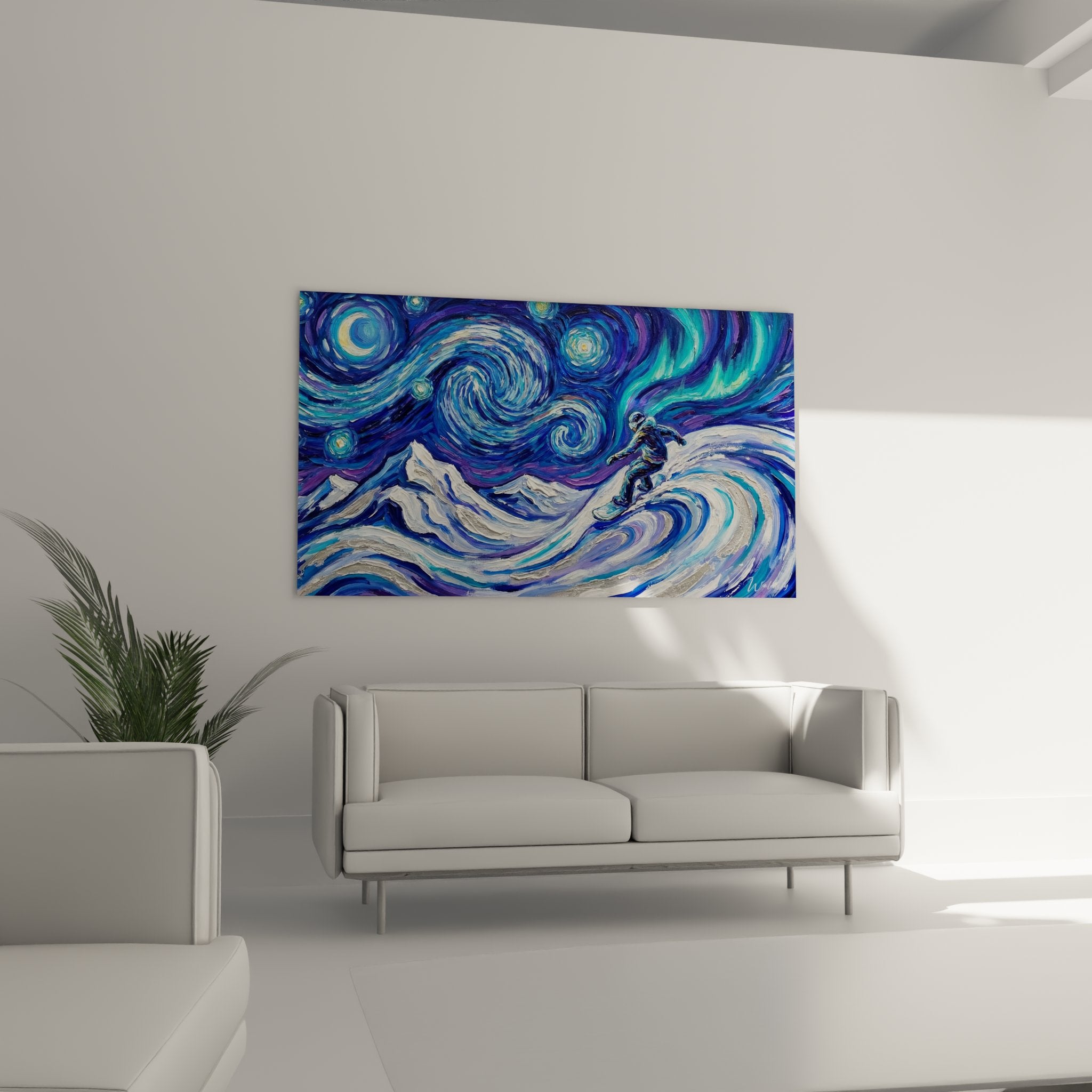 Detail tableau snowboardeur Van Gogh montrant spirales bleues violettes et technique post-impressionniste